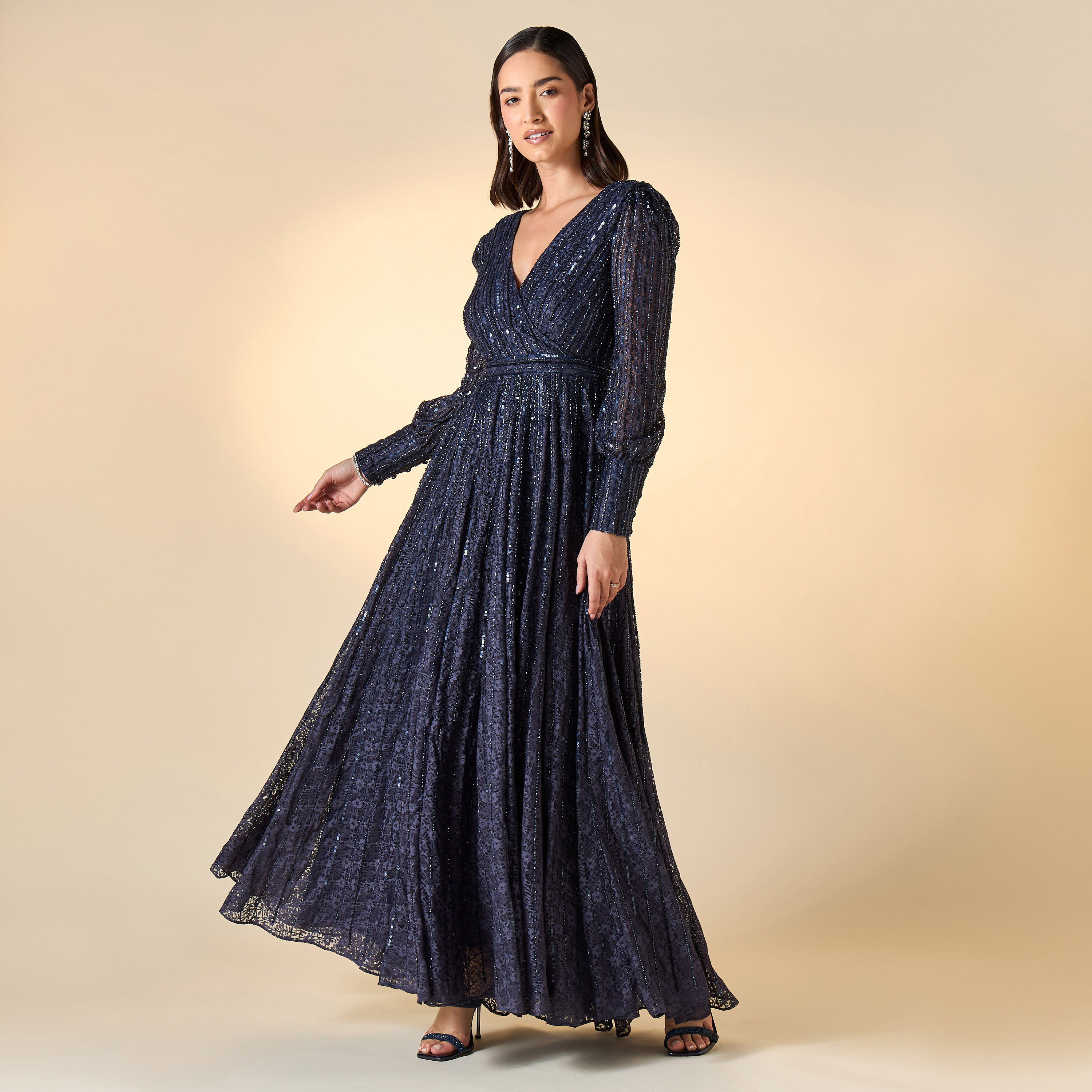Amelia Rose All-Over Embellished V-neck Dress with Long Sleeves-women-clothing-dresses-image-1