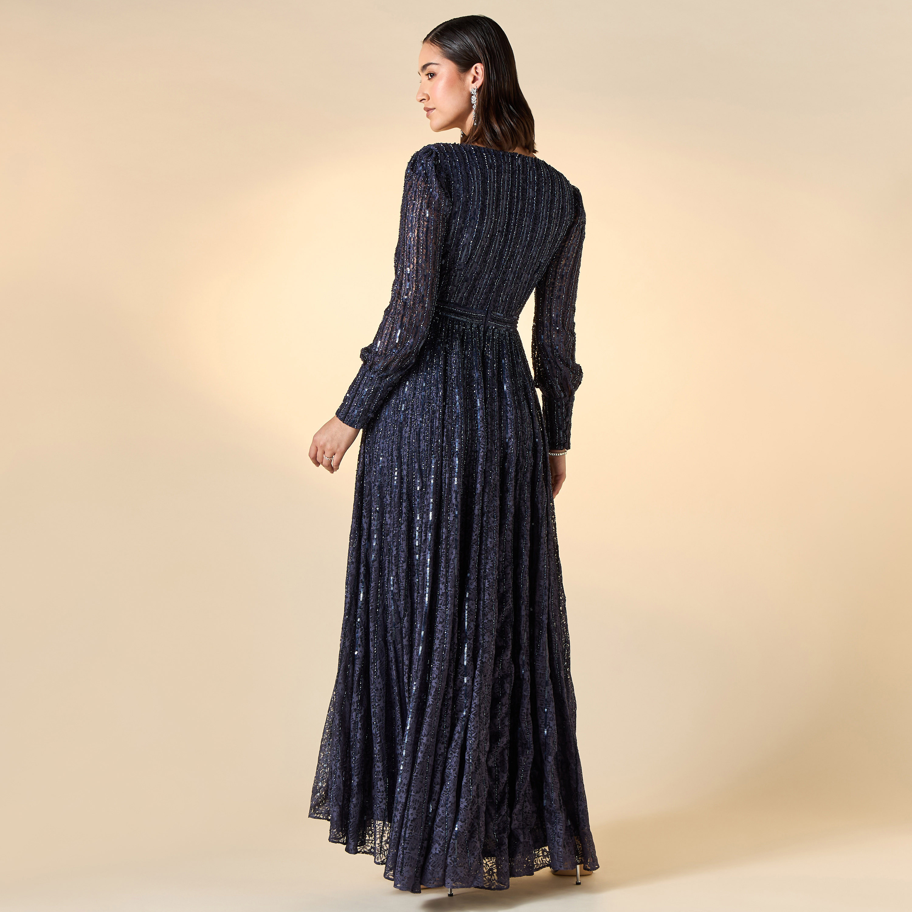 Amelia Rose All-Over Embellished V-neck Dress with Long Sleeves-women-clothing-dresses-image-2