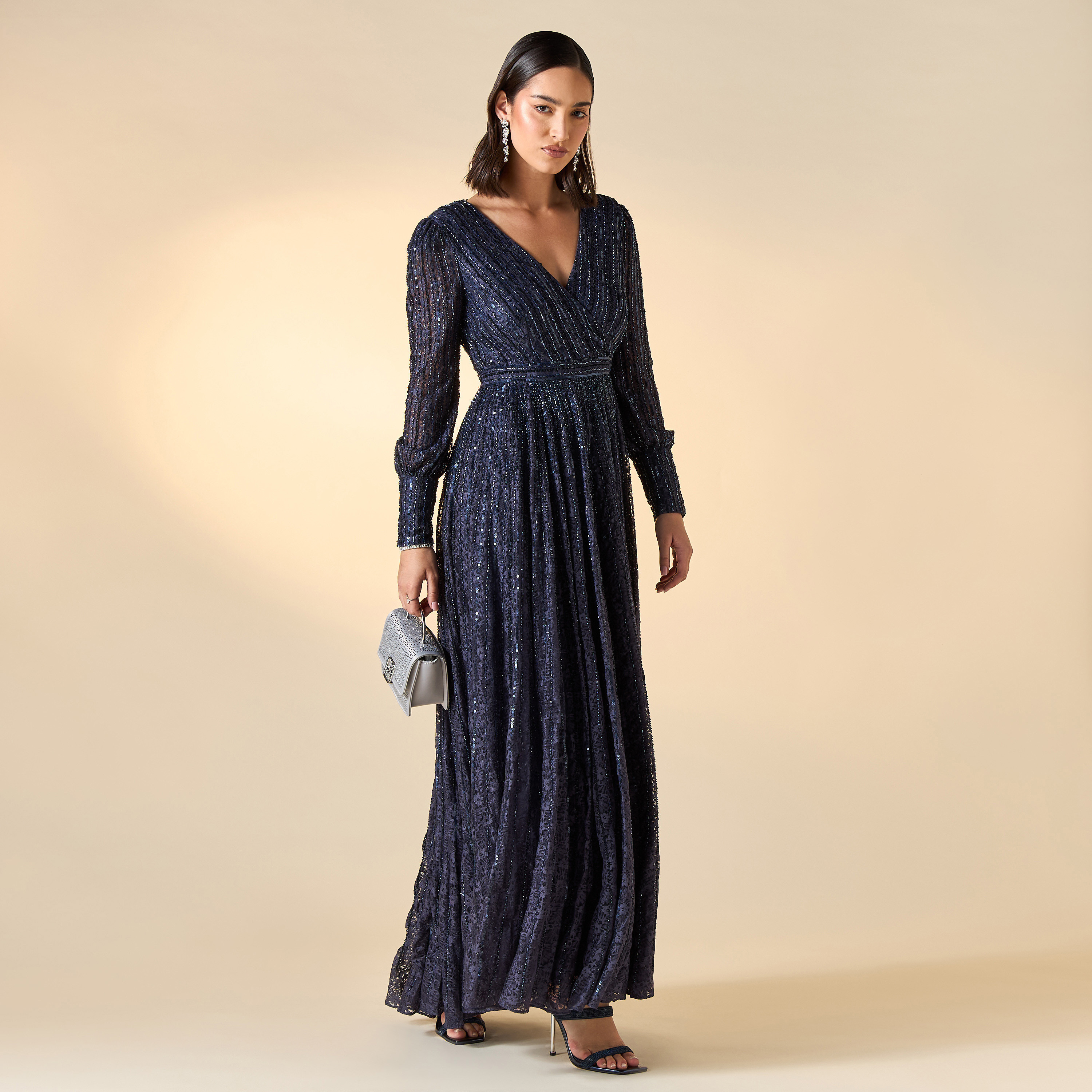 Amelia Rose All-Over Embellished V-neck Dress with Long Sleeves-women-clothing-dresses-image-3