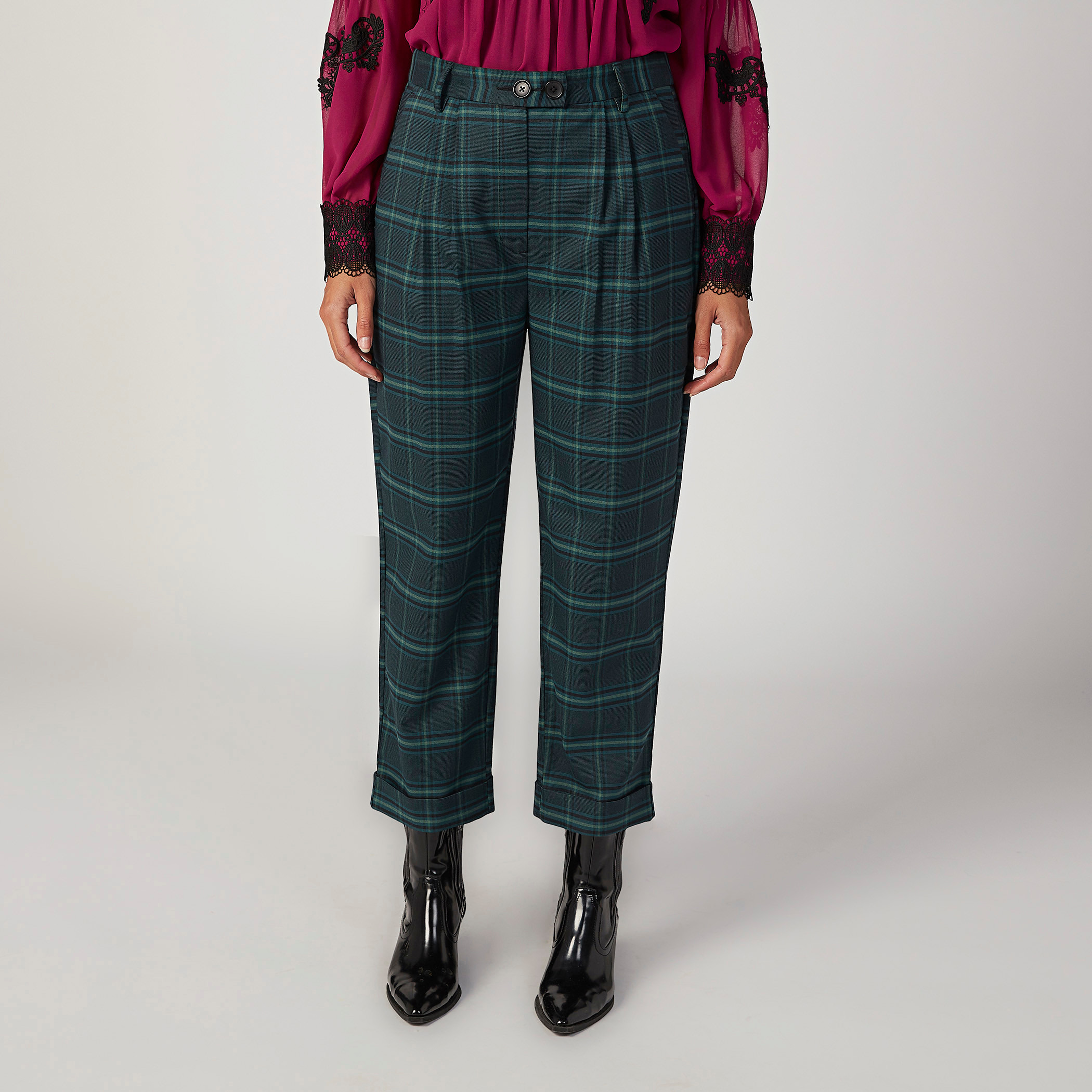 Chequered Mid Waist Trousers with Elasticised Waistband and Pocket Detail-women-clothing-trousers-image-1