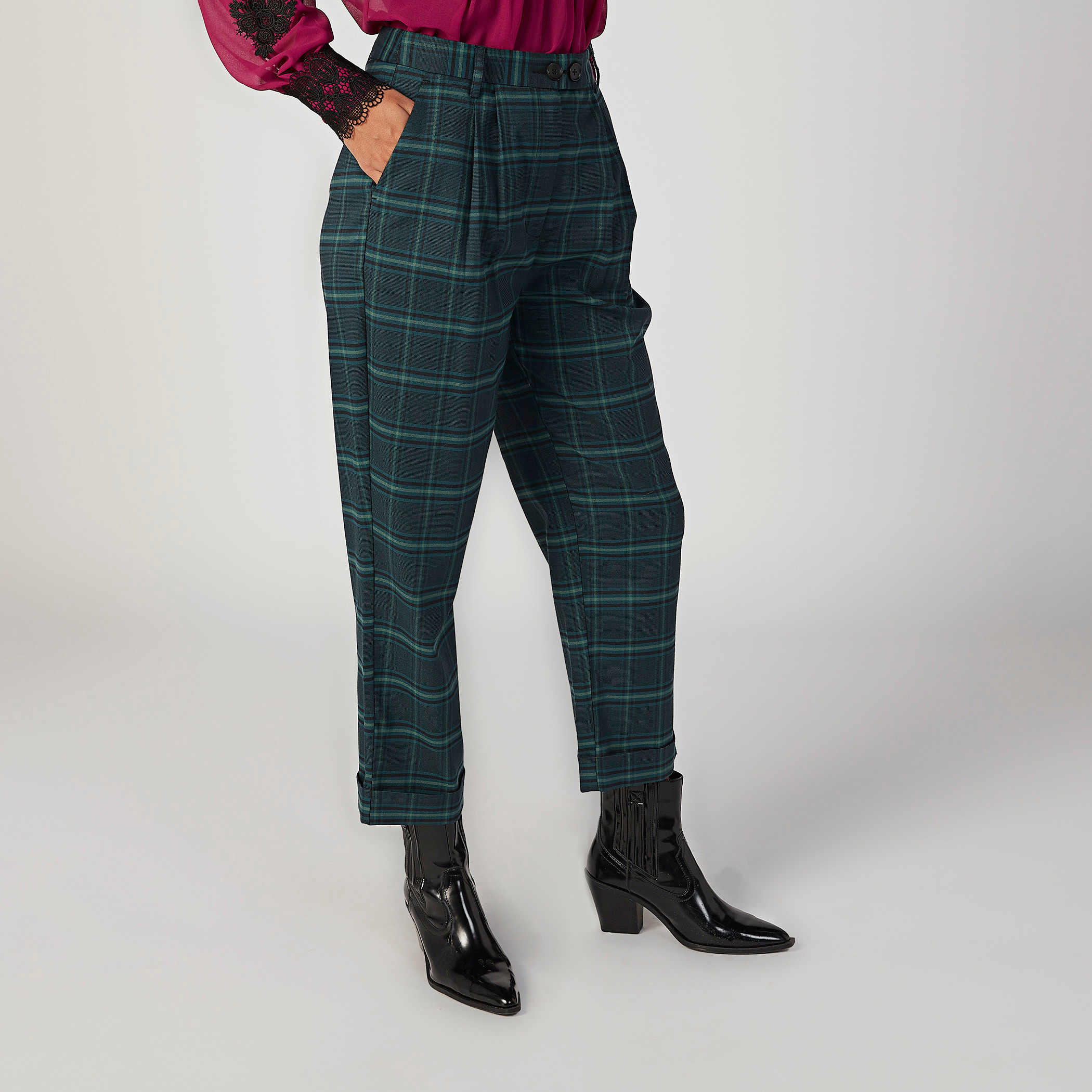 Chequered Mid Waist Trousers with Elasticised Waistband and Pocket Detail-women-clothing-trousers-image-5