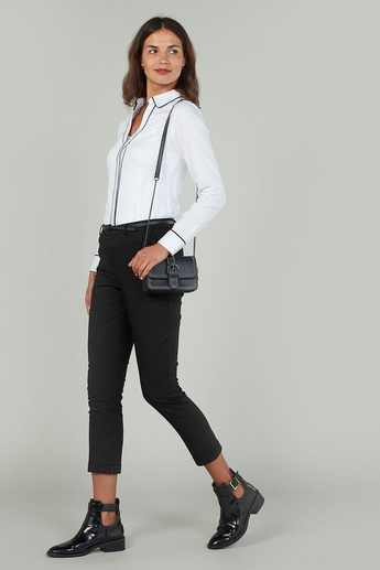 Skinny Fit Cropped Plain Mid Waist Trousers with Pocket Detail