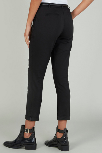 Skinny Fit Cropped Plain Mid Waist Trousers with Pocket Detail
