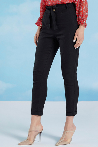 Solid Mid-Rise Trousers with Pocket Detail and Tie Ups