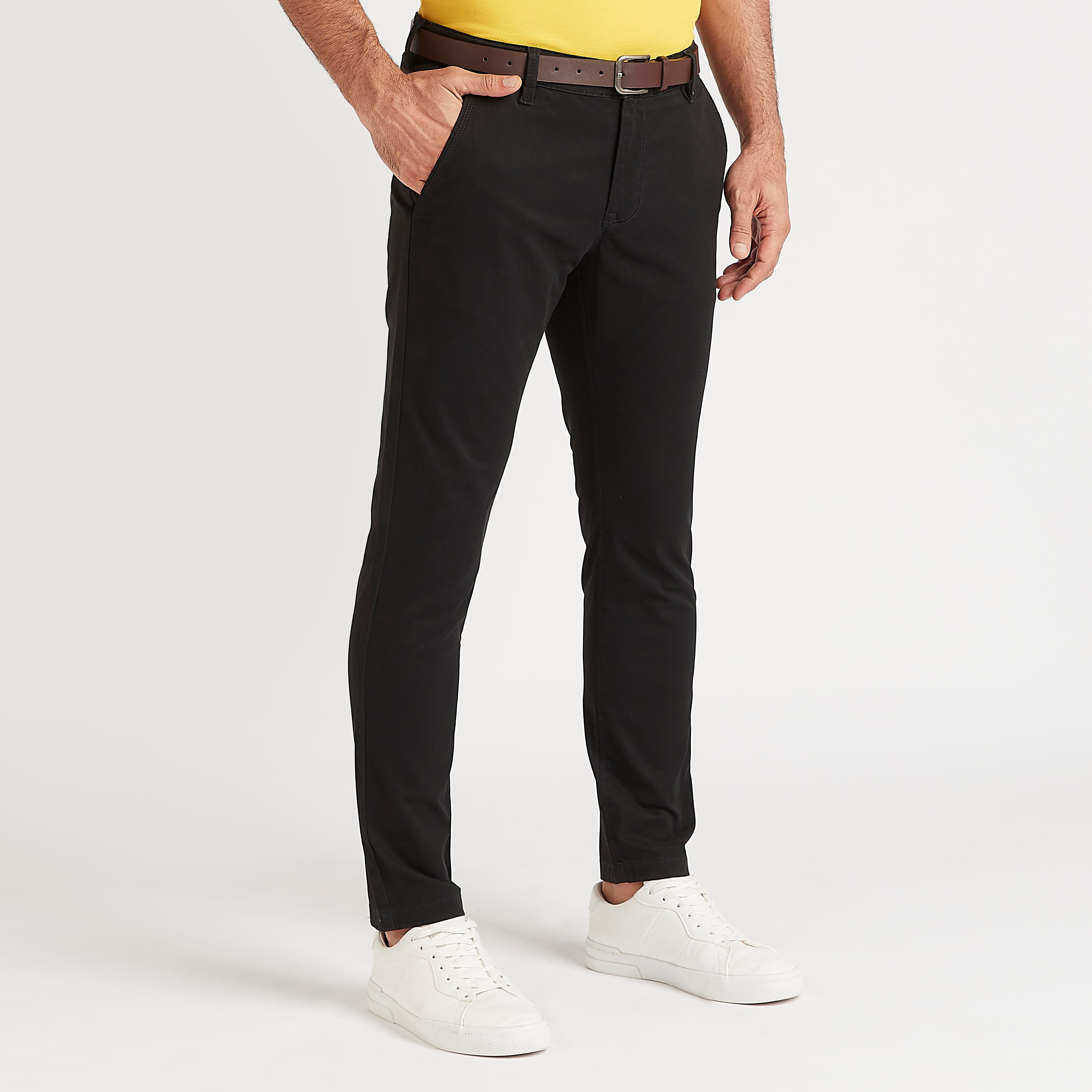 Solid Chino Pants with Button Closure and Pin Buckle Belt