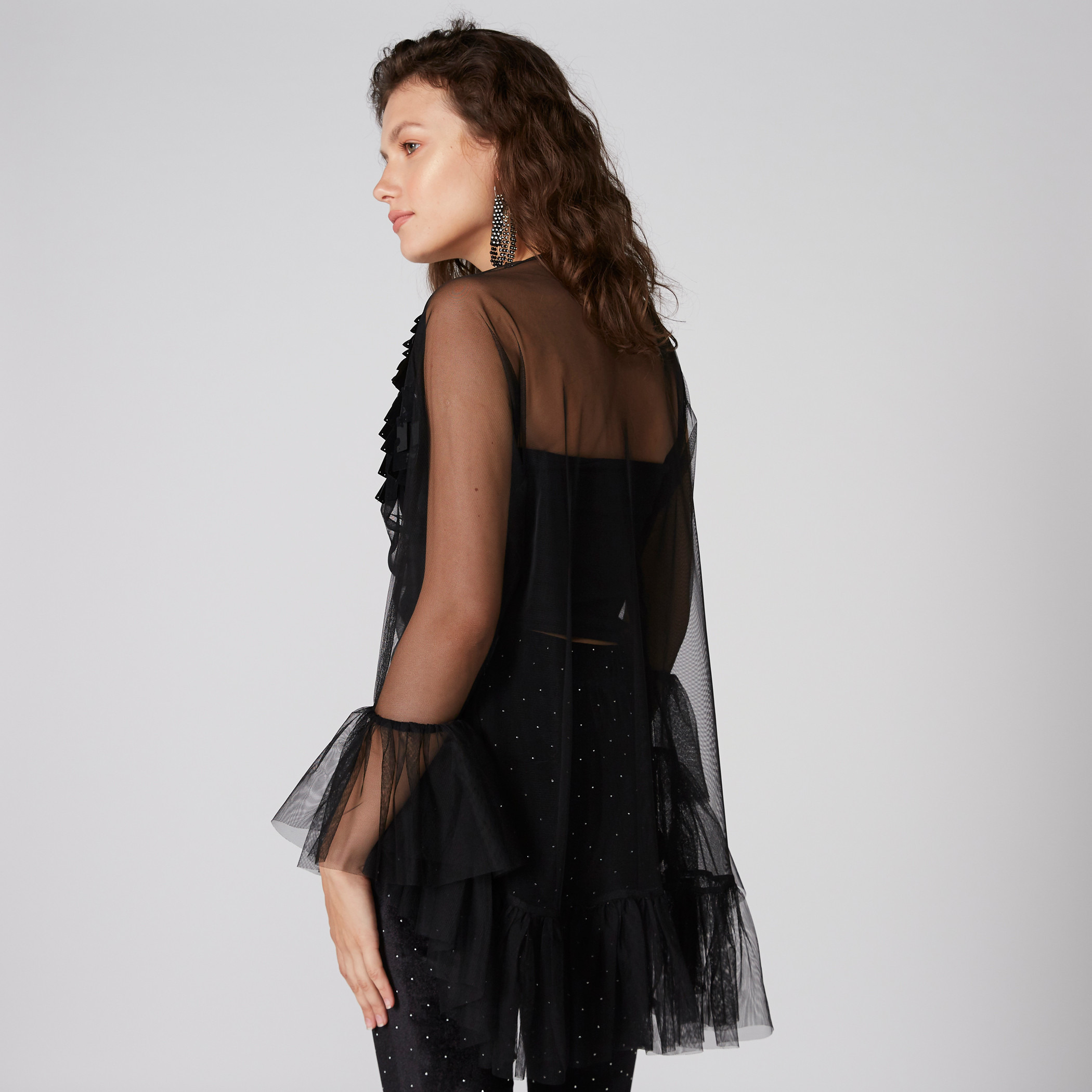 Shop Embellished Mesh Detail Top with Round Neck and Long