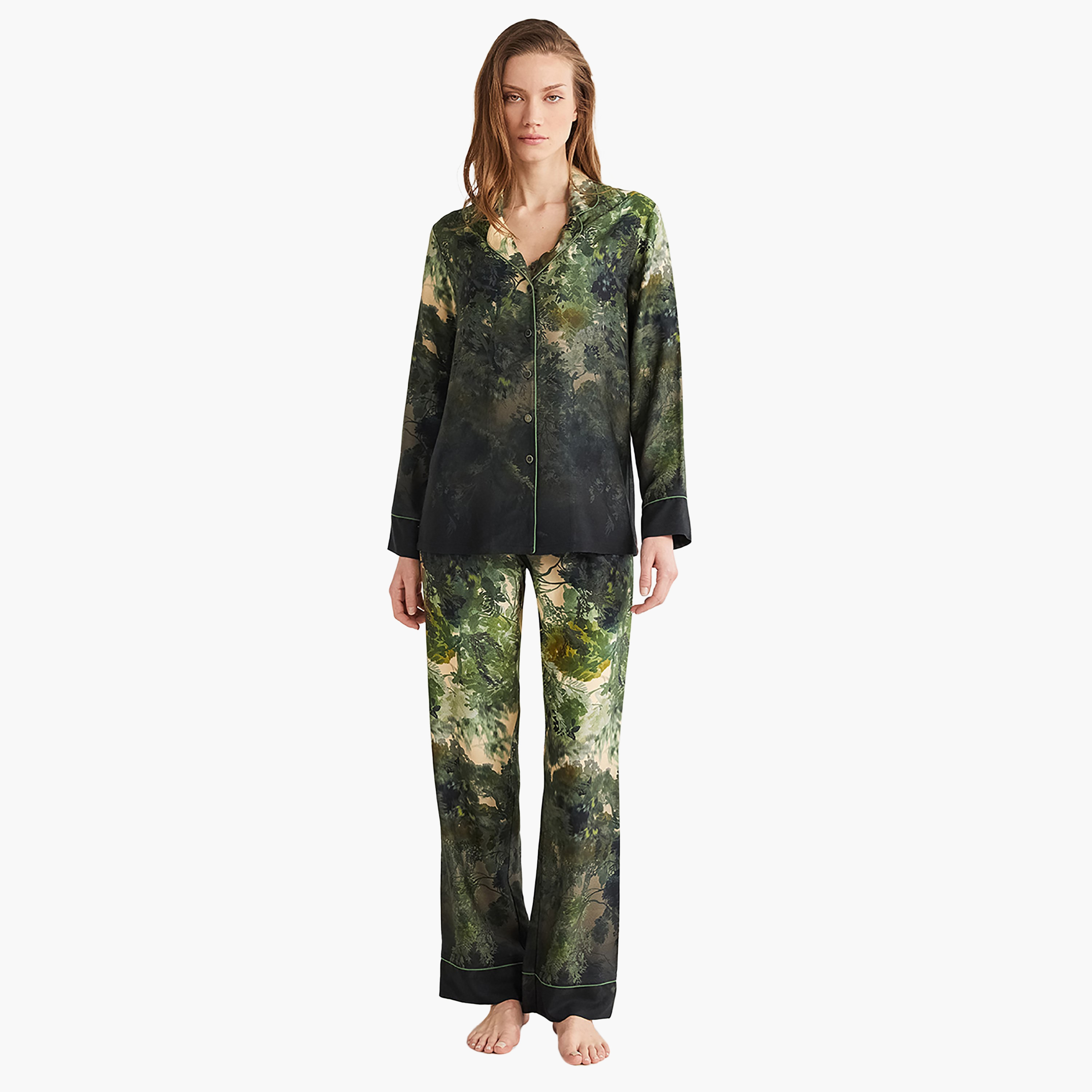 طقم بيجامة مع قميص داخلي بياقة كوبية مطبوعة وبيجامة نسائية من بيني موود-women-clothing-nightwear-pyjamas-longsets-image-1