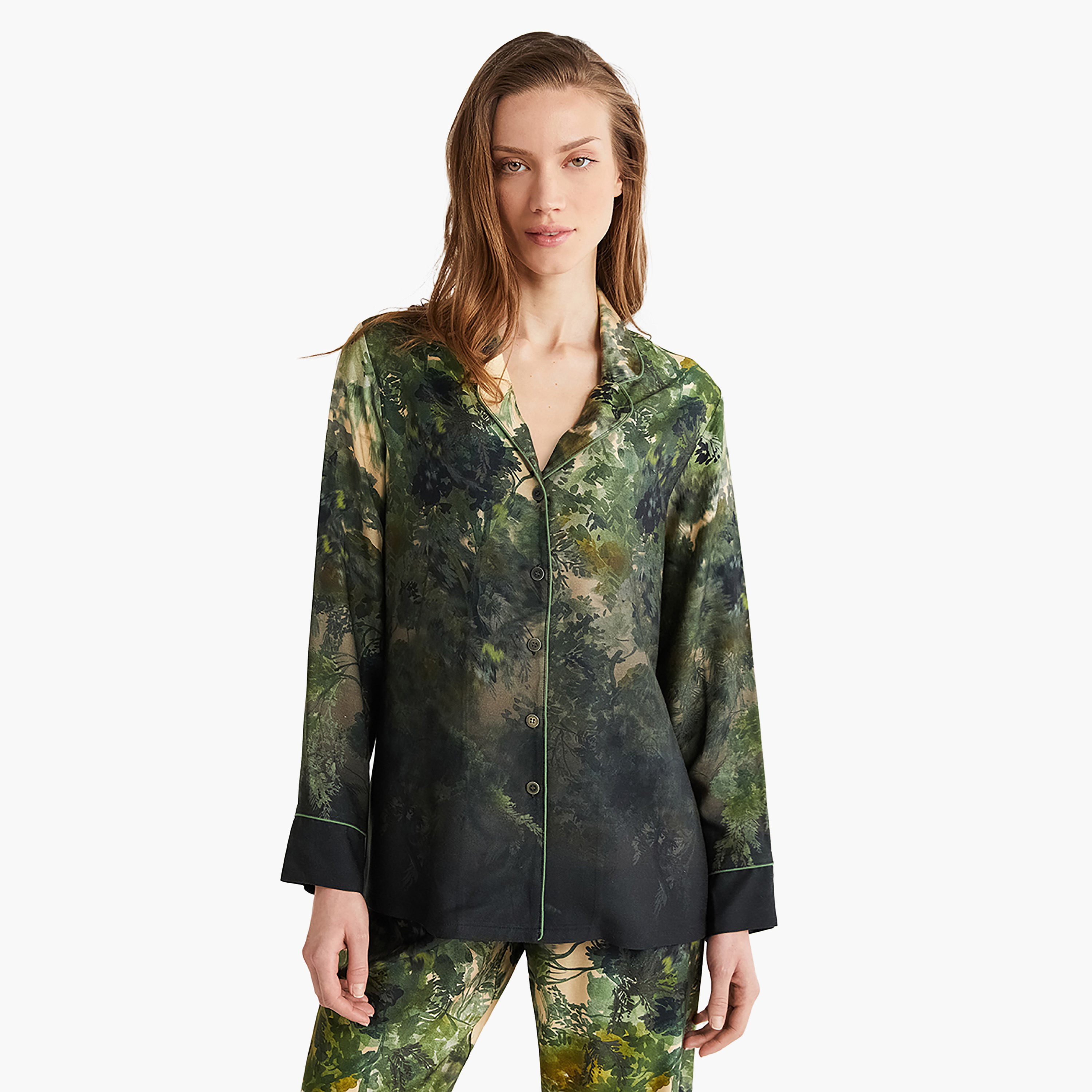 طقم بيجامة مع قميص داخلي بياقة كوبية مطبوعة وبيجامة نسائية من بيني موود-women-clothing-nightwear-pyjamas-longsets-image-2
