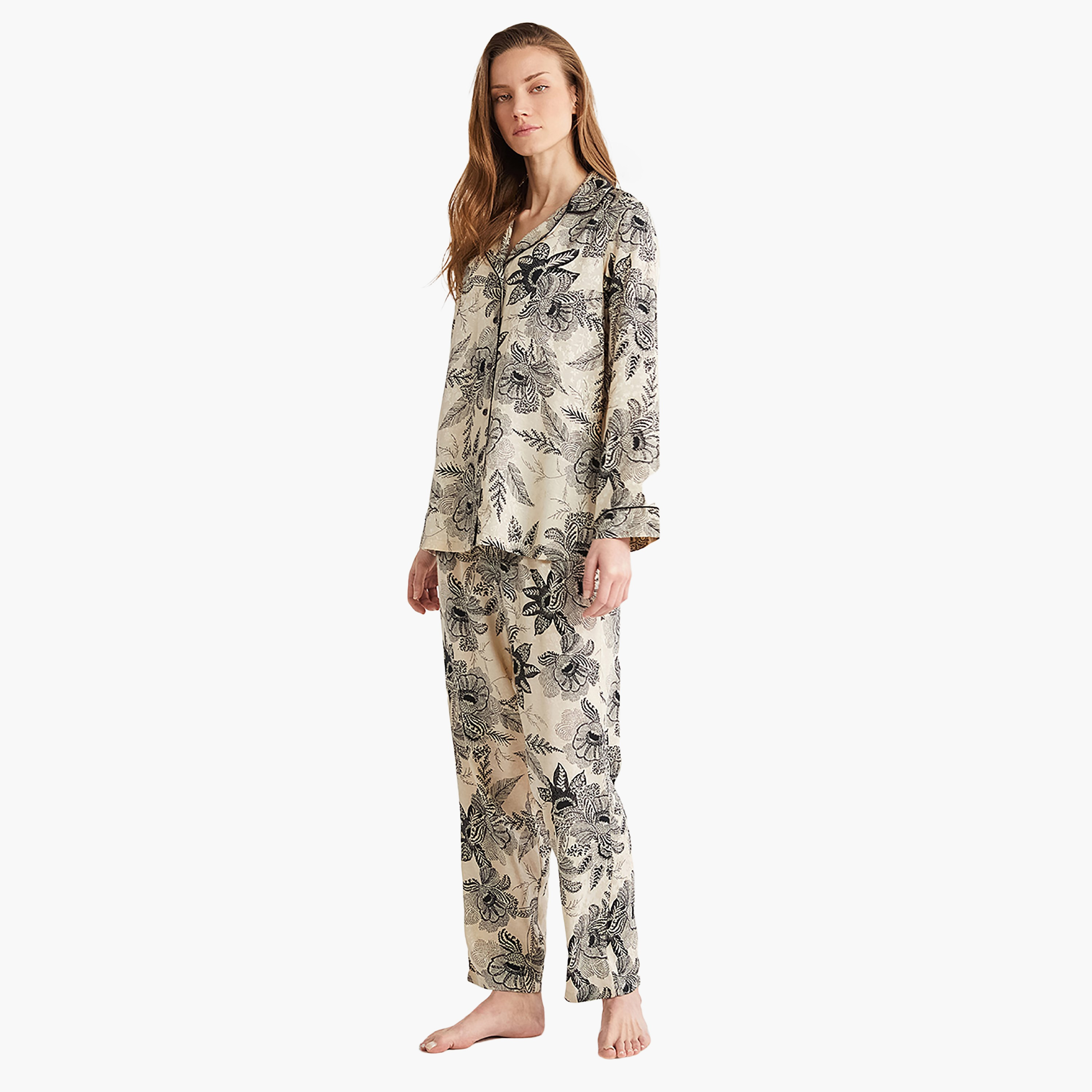Penye Mood Pyjama Set with Floral Cuban Collar Slip Shirt and Women's Pyjama-women-clothing-nightwear-pyjamas-longsets-image-1