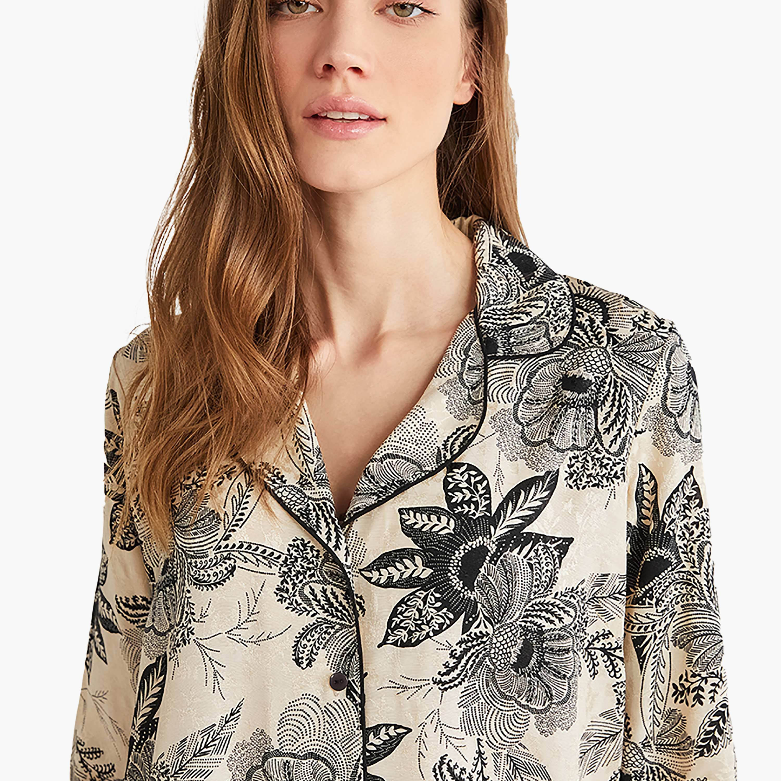 طقم بيجامة مع قميص داخلي بياقة كوبية مزخرفة بالزهور وبيجامة نسائية من بيني موود-women-clothing-nightwear-pyjamas-longsets-image-2