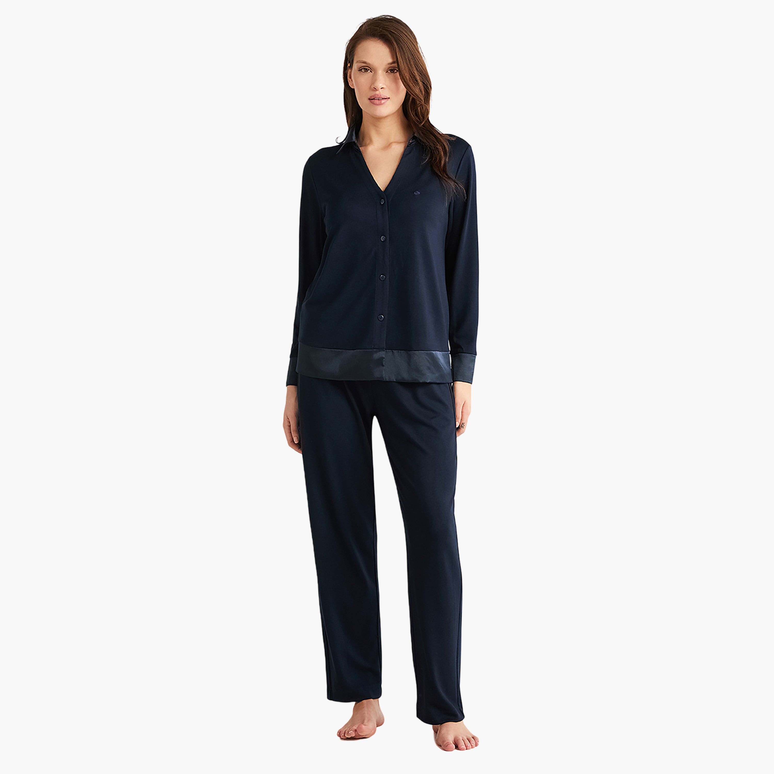 طقم بيجاما مكون من قميص داخلي بياقة سادة وبيجامة نسائية من بيني موود-women-clothing-nightwear-pyjamas-longsets-image-1