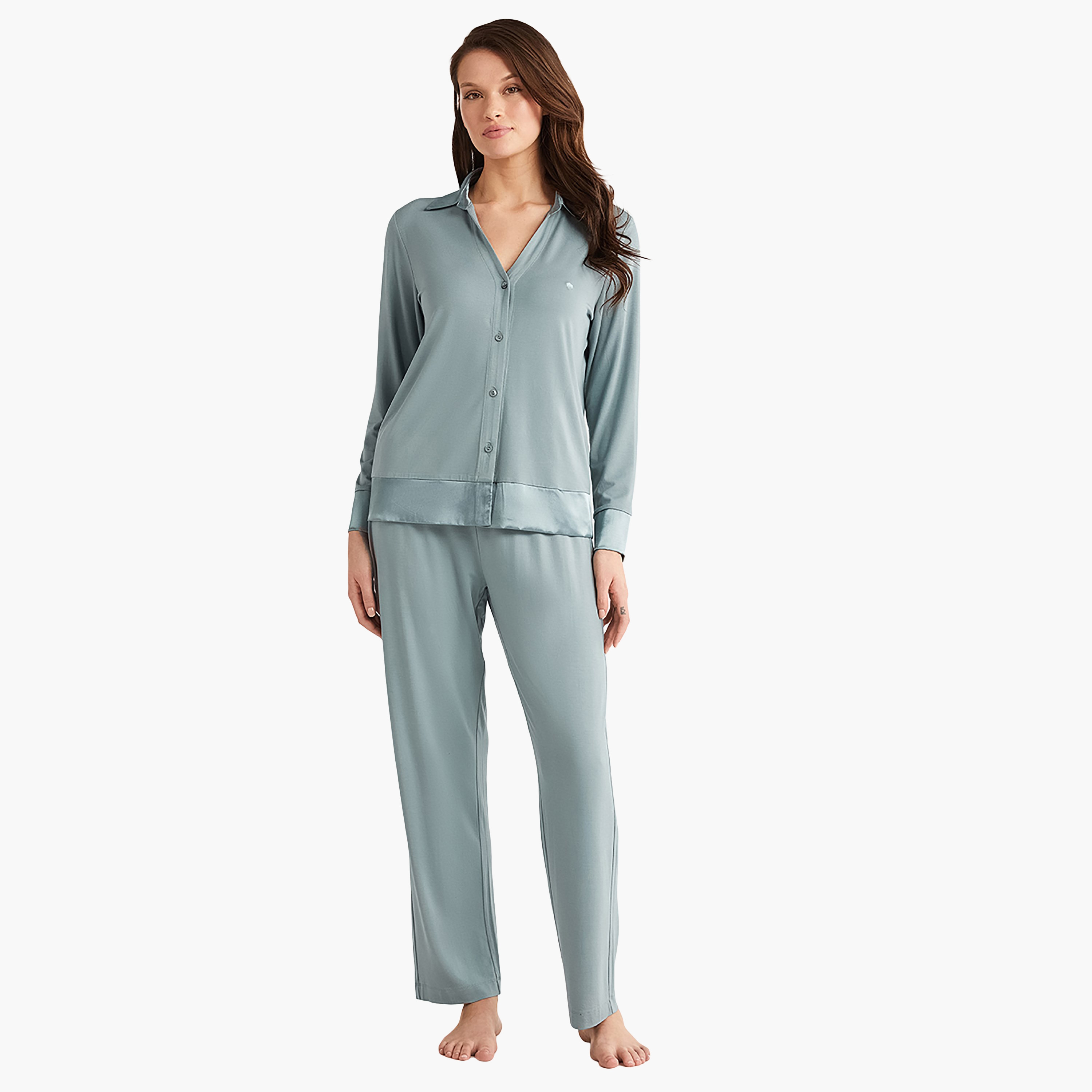 طقم بيجاما مكون من قميص داخلي بياقة سادة وبيجامة نسائية من بيني موود-women-clothing-nightwear-pyjamas-longsets-image-5