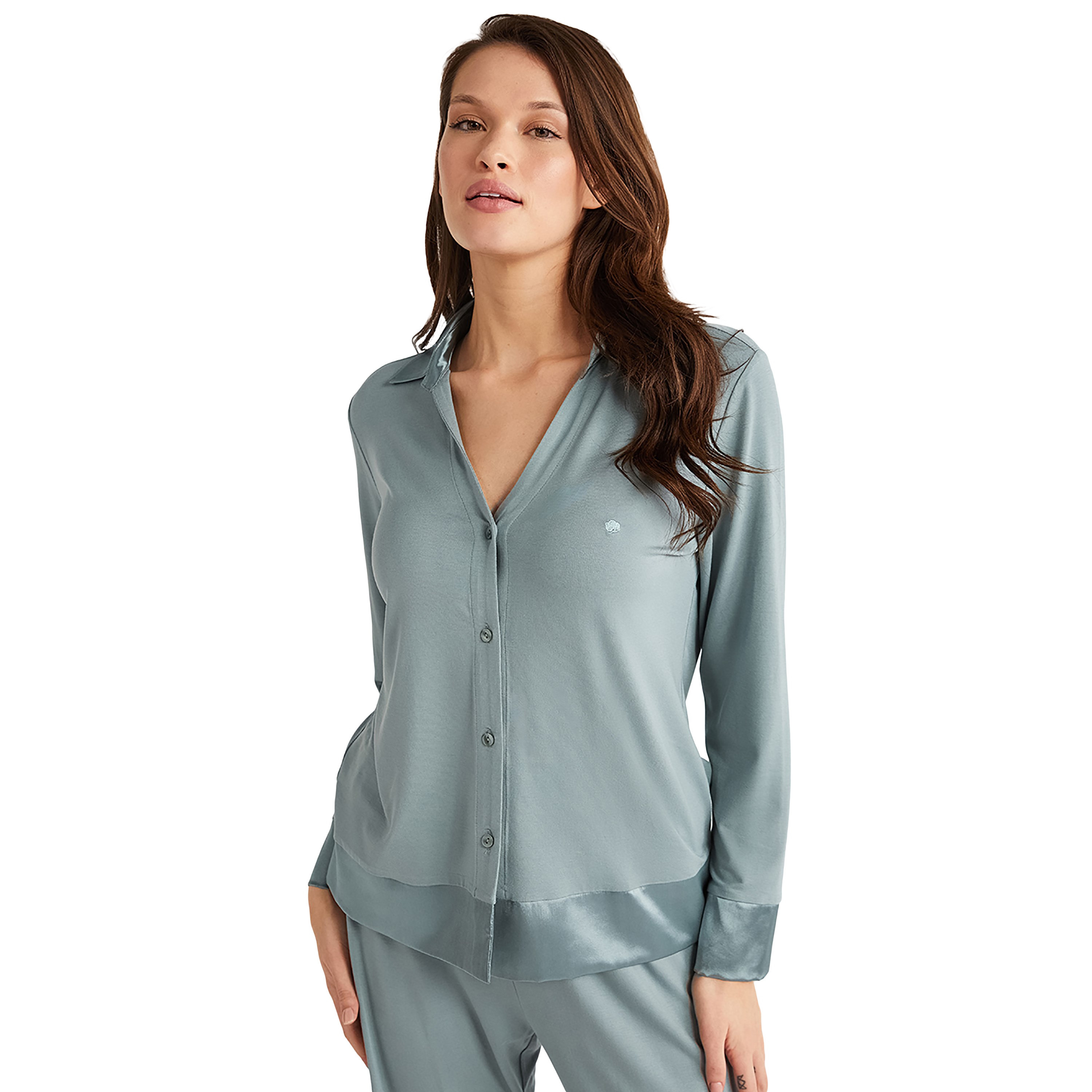 Penye Mood Pyjama Set with Plain Collared Slip Shirt and Women's Pyjama-women-clothing-nightwear-pyjamas-longsets-image-2
