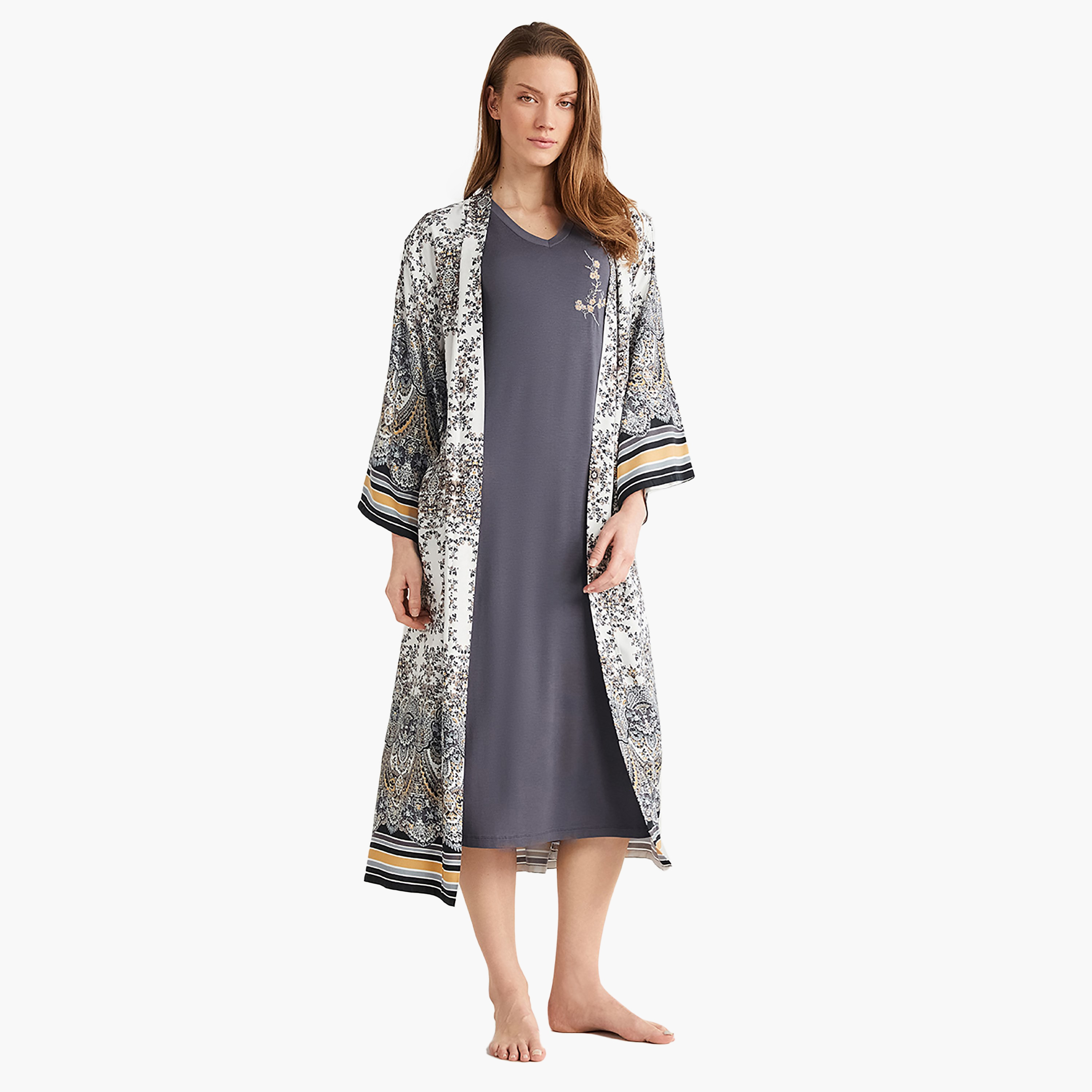 Penye Mood Robe Set with Printed V-Neck and Slip Dress & Women's Robe-women-clothing-nightwear-pyjamas-longsets-image-1