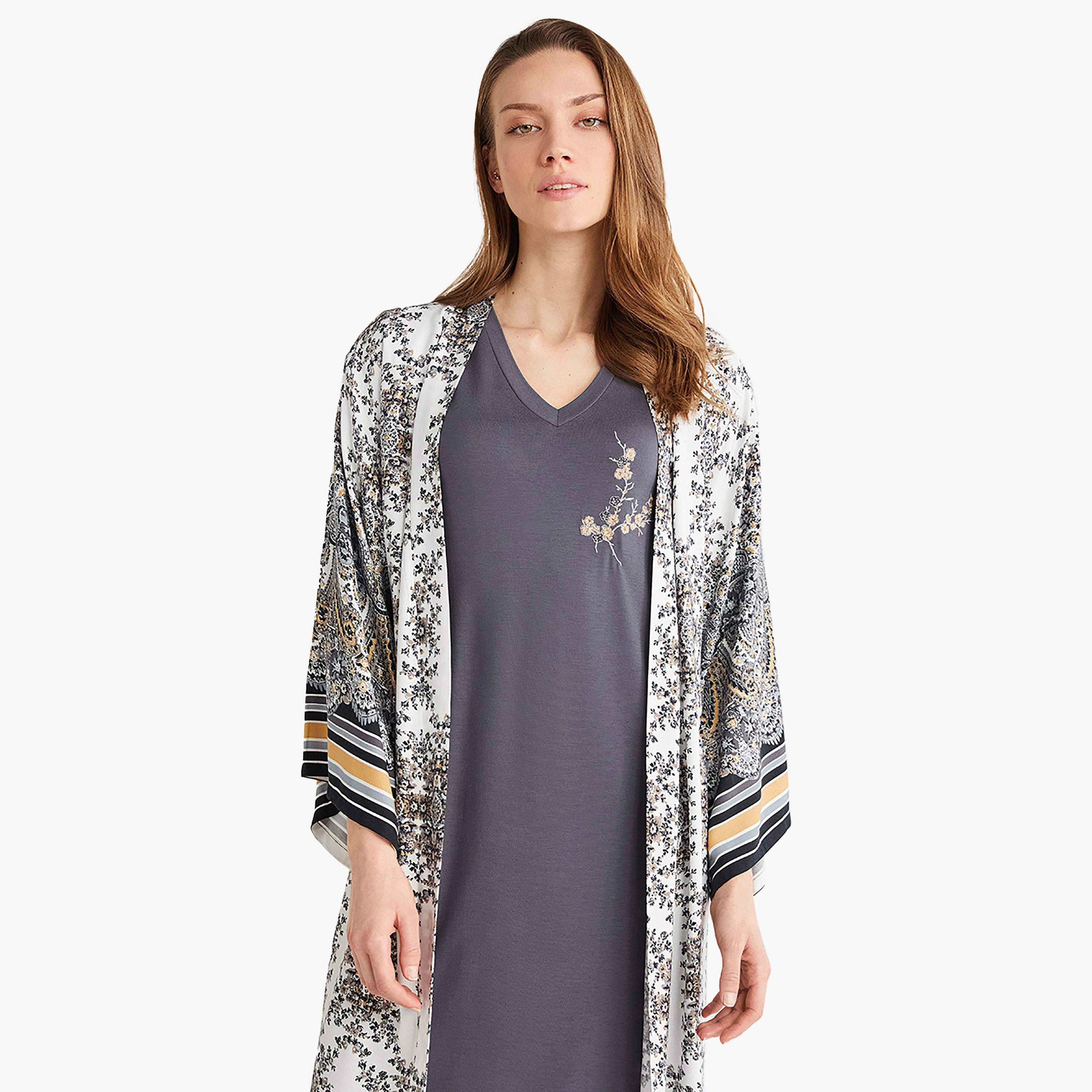 Penye Mood Robe Set with Printed V-Neck and Slip Dress & Women's Robe-women-clothing-nightwear-pyjamas-longsets-image-2