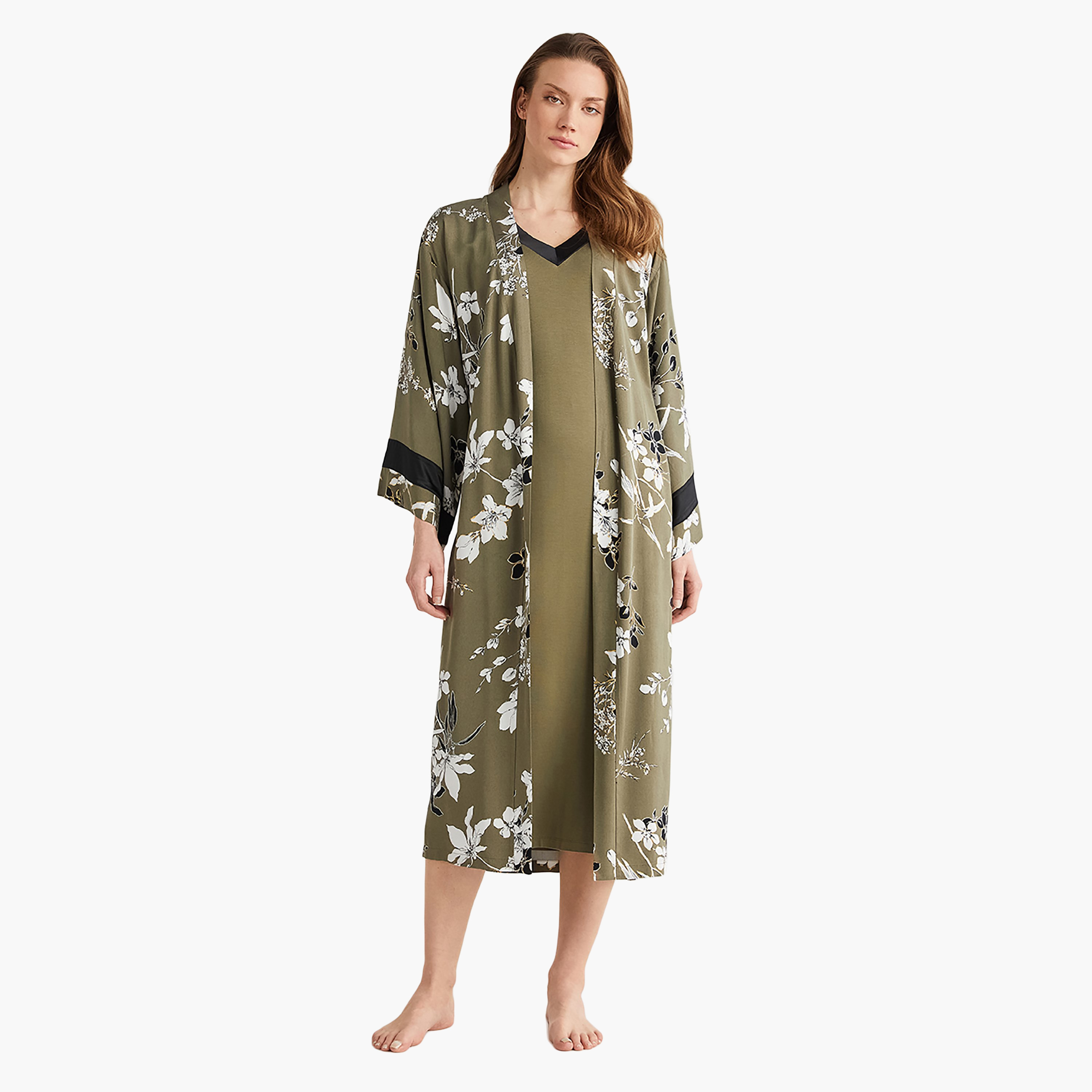 طقم رداء مكون من فستان منقوش بفتحة V ورداء نسائي من بيني موود-women-clothing-nightwear-pyjamas-longsets-image-1
