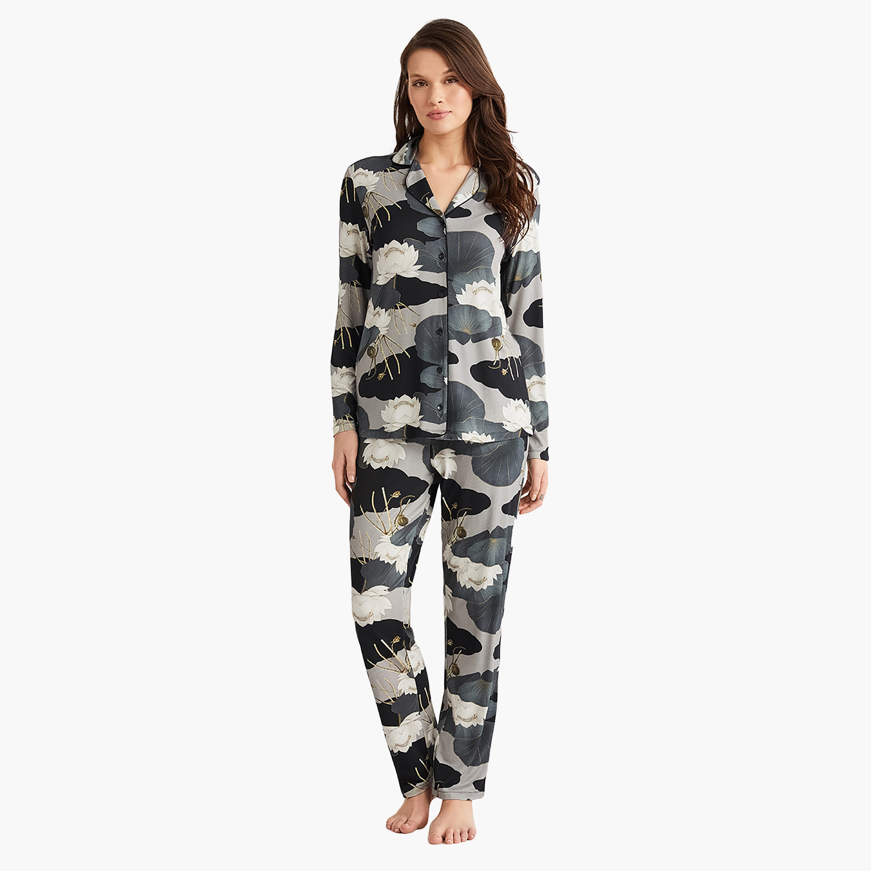 Penye Mood Pyjama Set with Floral Cuban Collar Slip Shirt and Women's Pyjama-women-clothing-nightwear-pyjamas-longsets-image-1