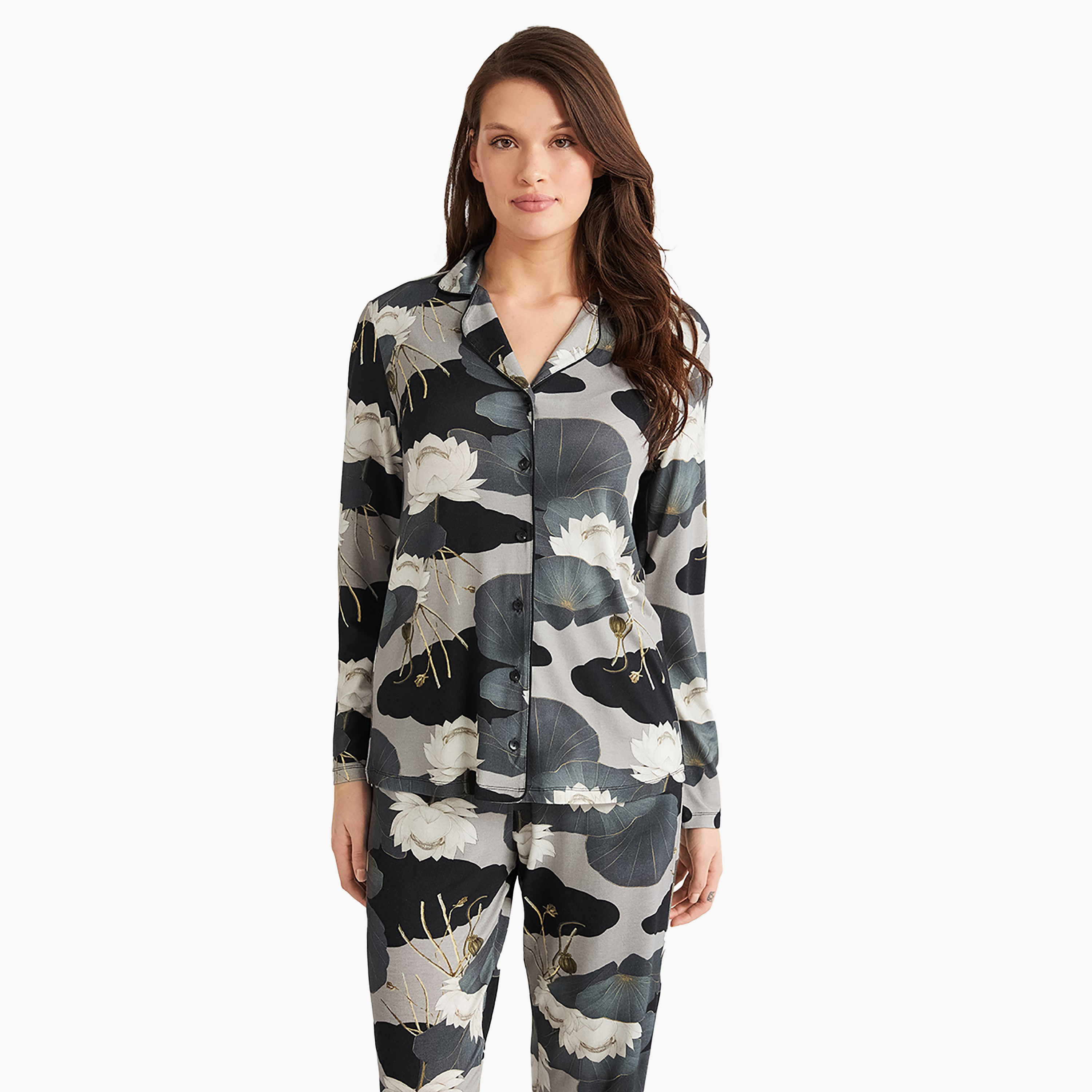 Penye Mood Pyjama Set with Floral Cuban Collar Slip Shirt and Women's Pyjama-women-clothing-nightwear-pyjamas-longsets-image-4