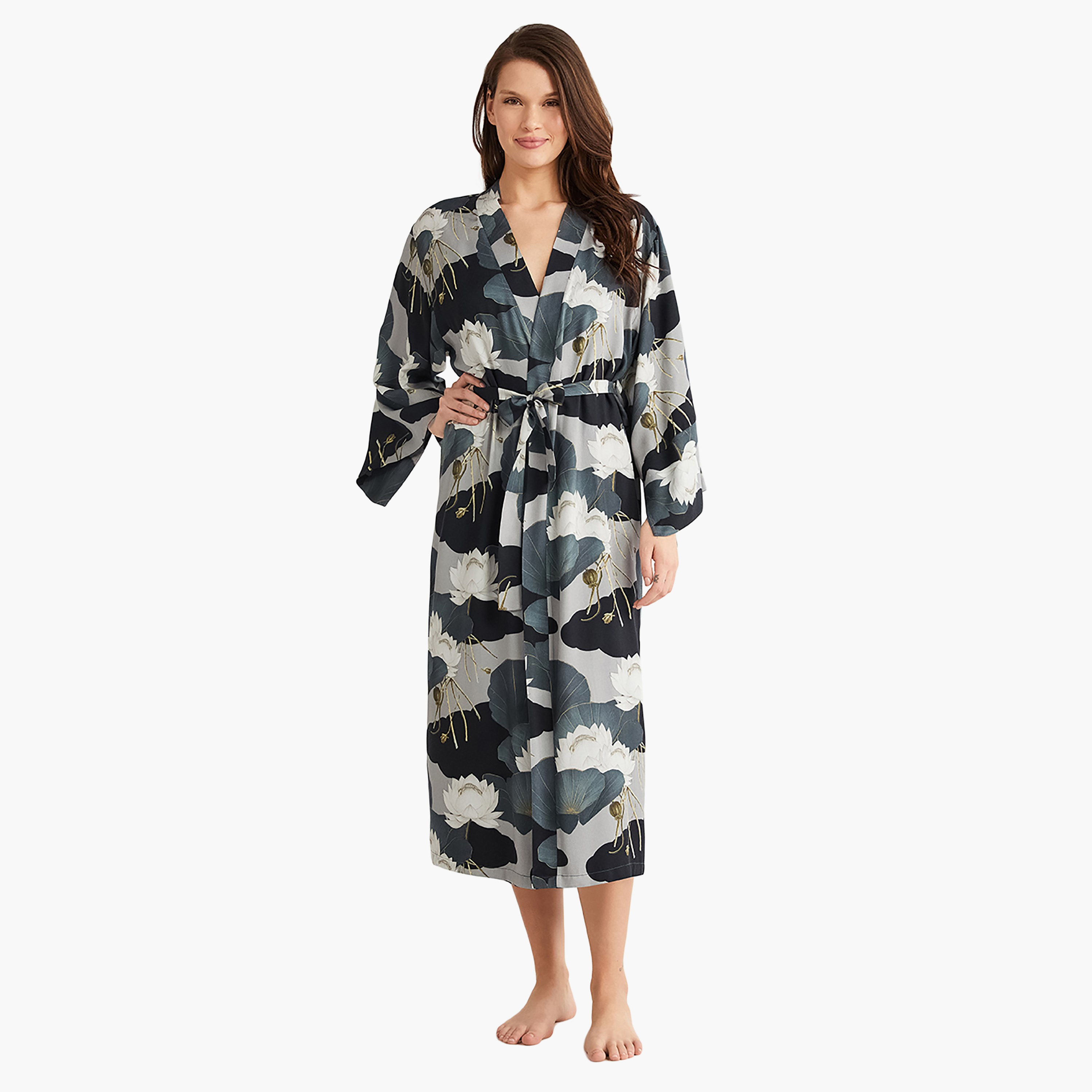 طقم رداء مع فستان منزلق بحزام كتف مزهر ورداء نسائي من بيني موود-women-clothing-nightwear-pyjamas-longsets-image-1