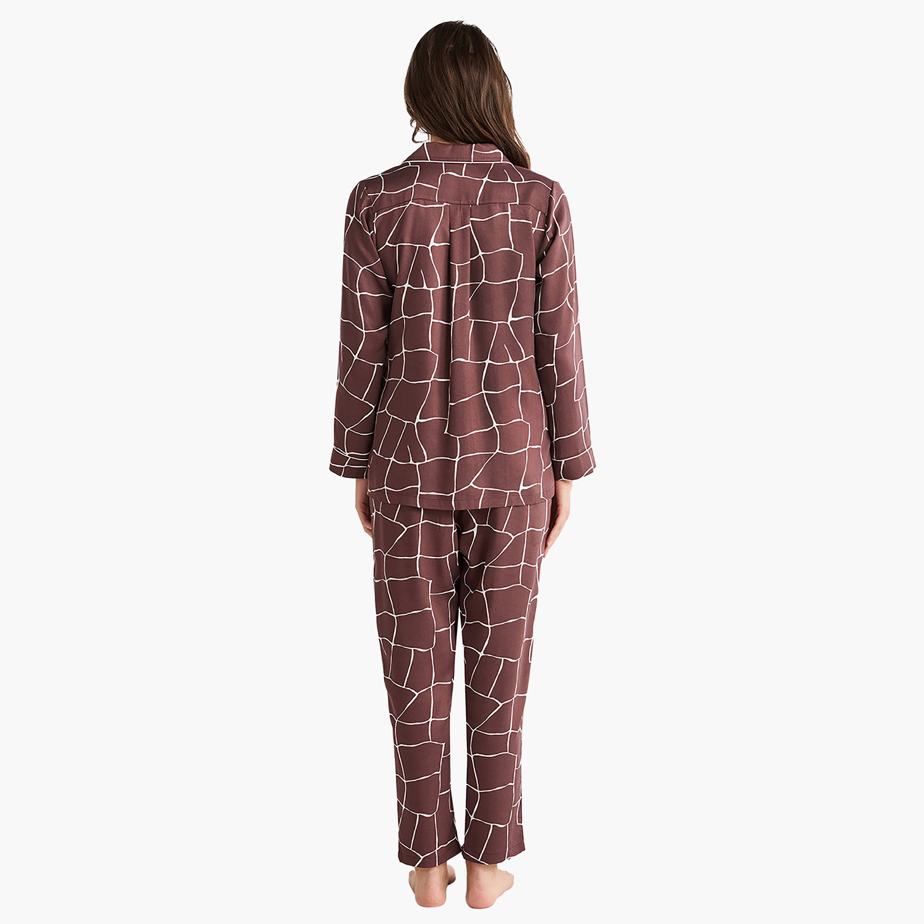 طقم بيجامة مع قميص داخلي بياقة كوبية منقوشة وبيجامة نسائية من بيني موود-women-clothing-nightwear-pyjamas-longsets-image-4