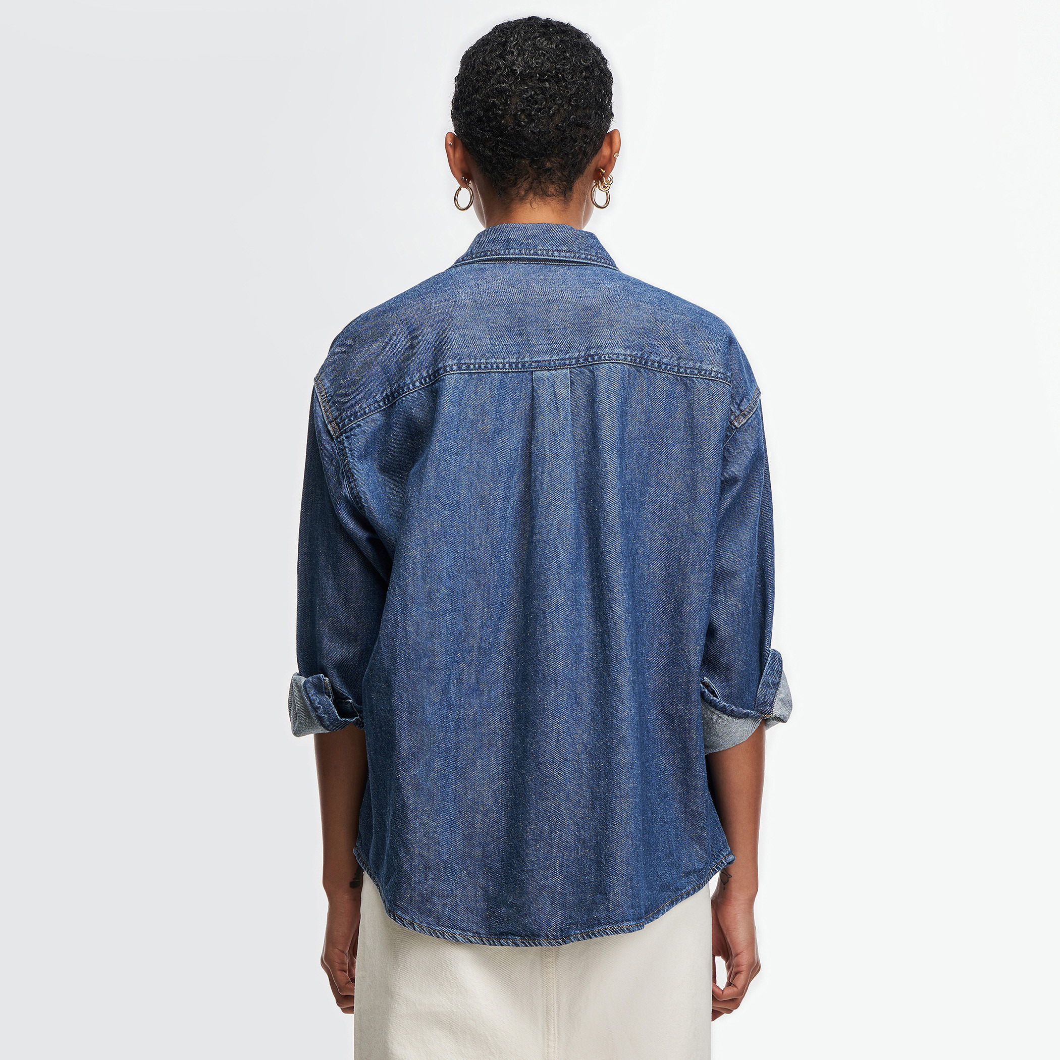 قميص ليفي نسائي أزرق سادة بأكمام طويلة-women-clothing-shirtsandblouses-blouses-image-2