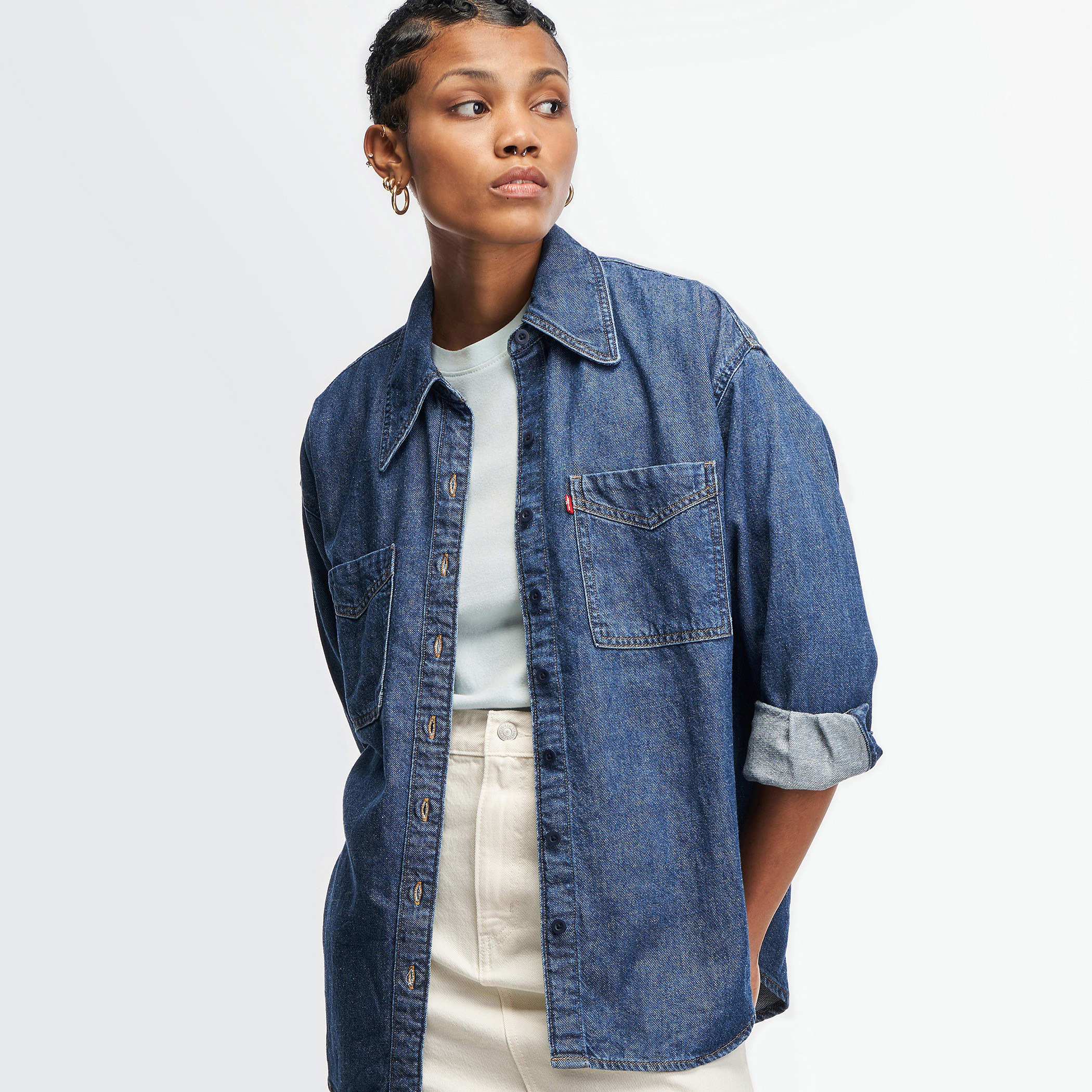 Levi's Women Blue Solid Collared Long Sleeves Shirt-women-clothing-shirtsandblouses-blouses-image-3