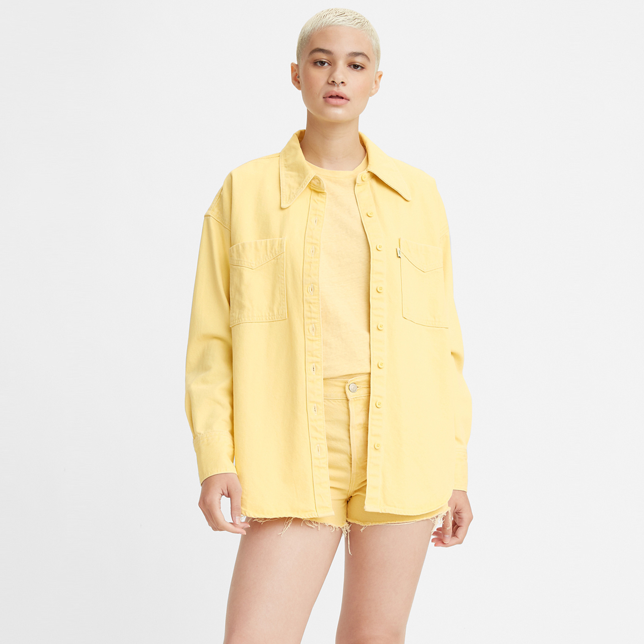 قميص ليفي نسائي أصفر سادة بأكمام طويلة-women-clothing-shirtsandblouses-blouses-image-1