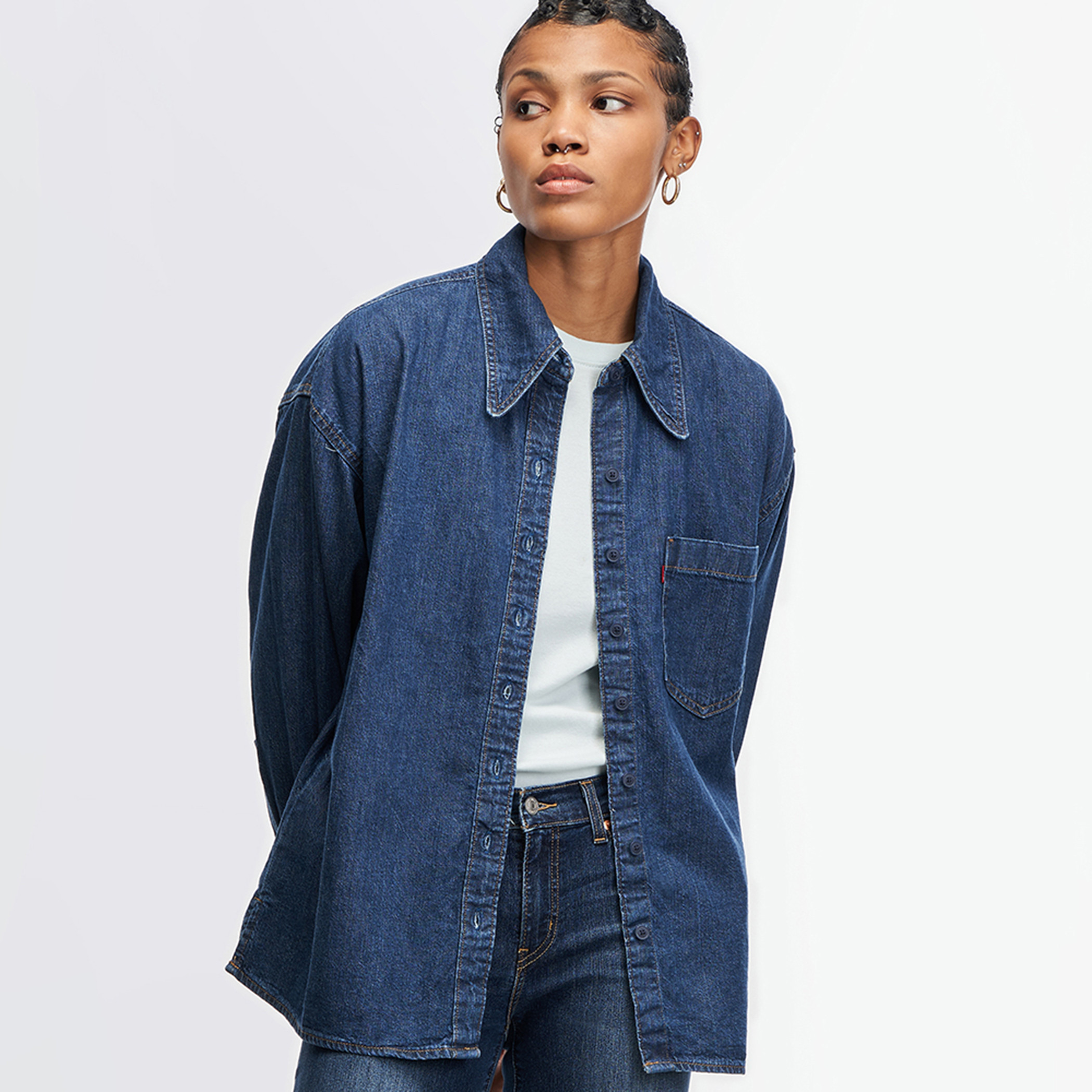 Levi's Women Blue Solid Collared Long Sleeves Shirt-women-clothing-shirtsandblouses-blouses-image-1