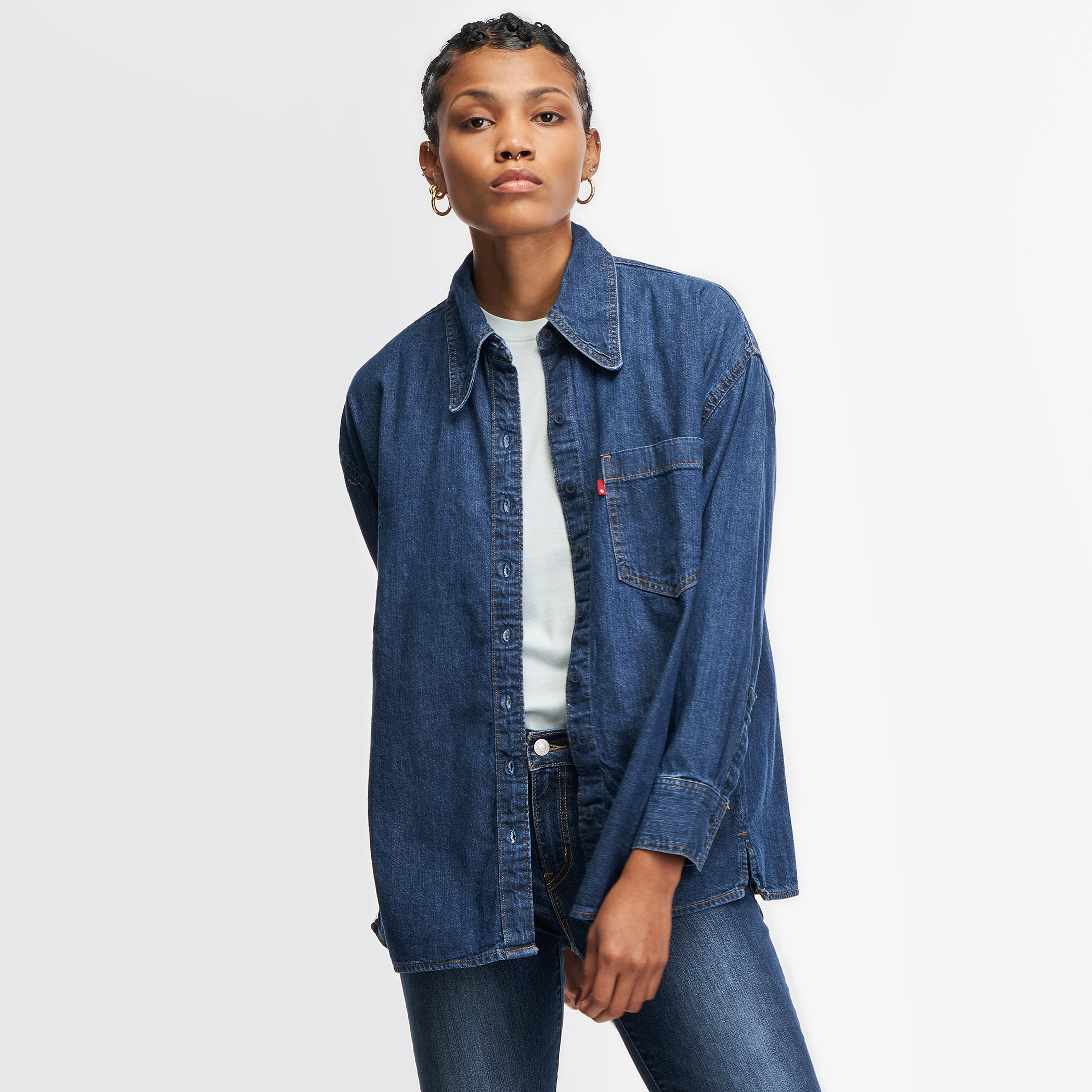 Levi's Women Blue Solid Collared Long Sleeves Shirt-women-clothing-shirtsandblouses-blouses-image-2