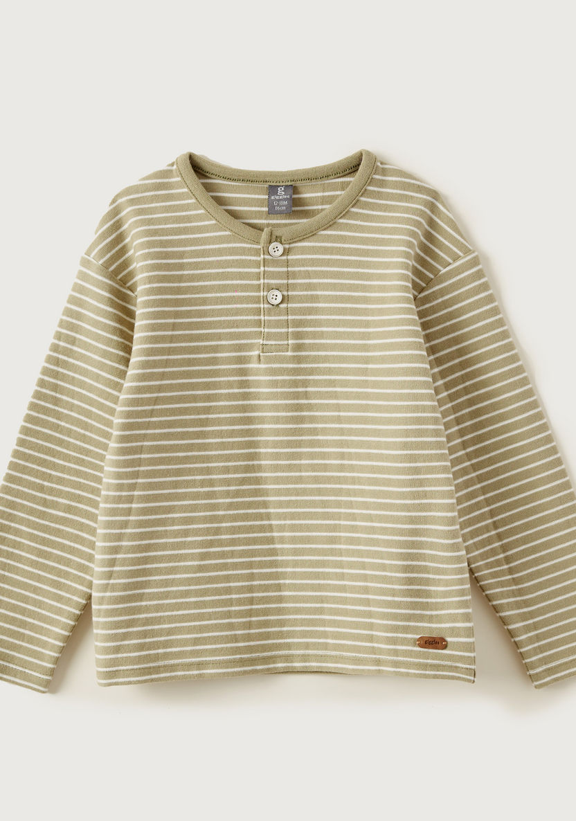 Giggles Striped Henley Neck T-shirt with Long Sleeves-T Shirts-image-0