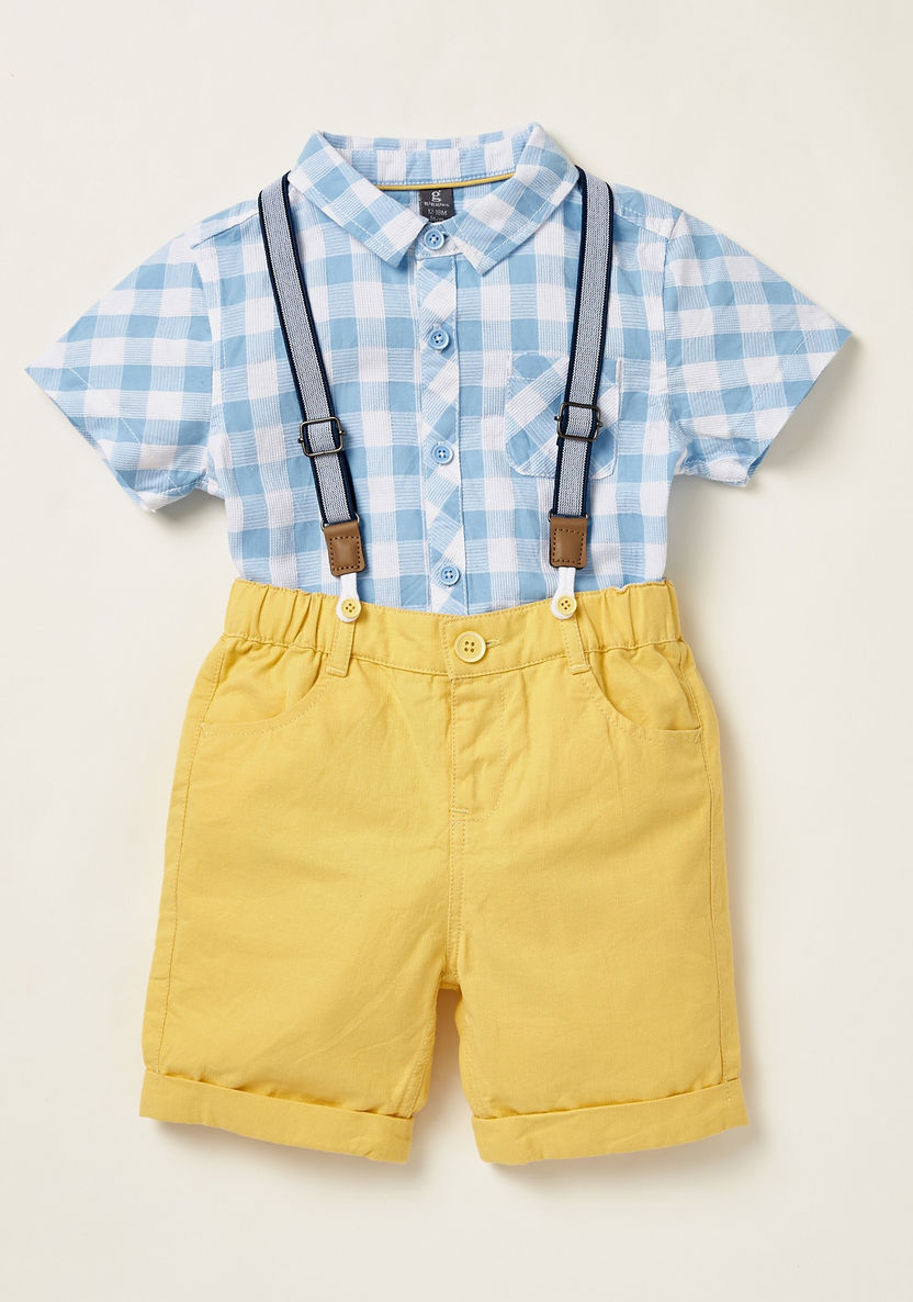 Giggles Checked Collared Shirt and Solid Shorts Set with Suspenders-Clothes Sets-image-0