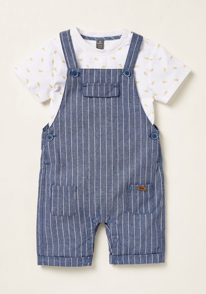 Giggles All-Over Print T-shirt with Striped Dungarees Set-Clothes Sets-image-0
