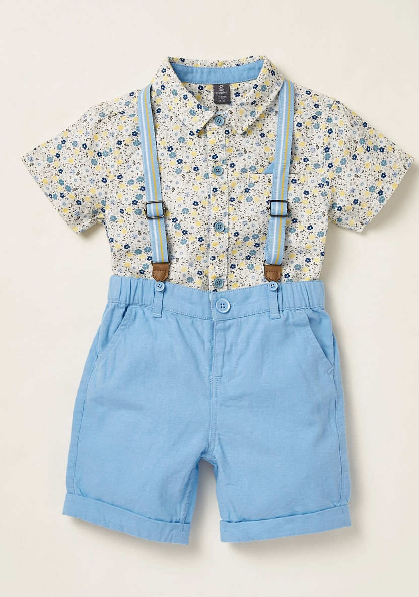 Giggles All-Over Floral Print Shirt with Solid Shorts and Suspenders-Clothes Sets-image-0