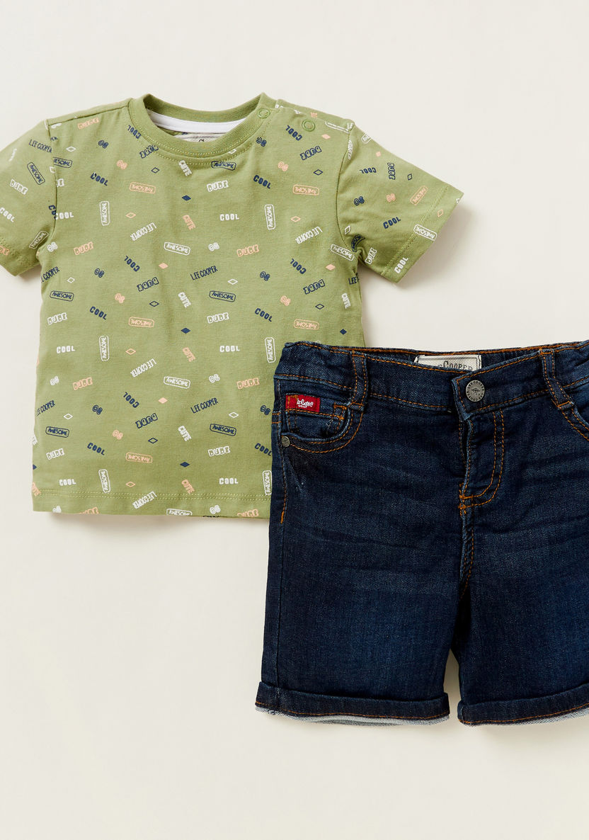 Lee Cooper All-Over Text Print T-shirt with Solid Denim Shorts Set-Clothes Sets-image-0