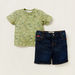 Lee Cooper All-Over Text Print T-shirt with Solid Denim Shorts Set-Clothes Sets-thumbnail-0