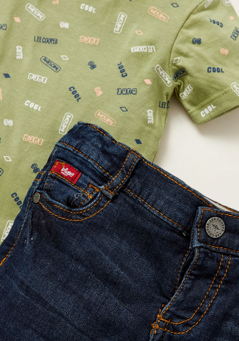 Lee Cooper All-Over Text Print T-shirt with Solid Denim Shorts Set-Clothes Sets-image-3
