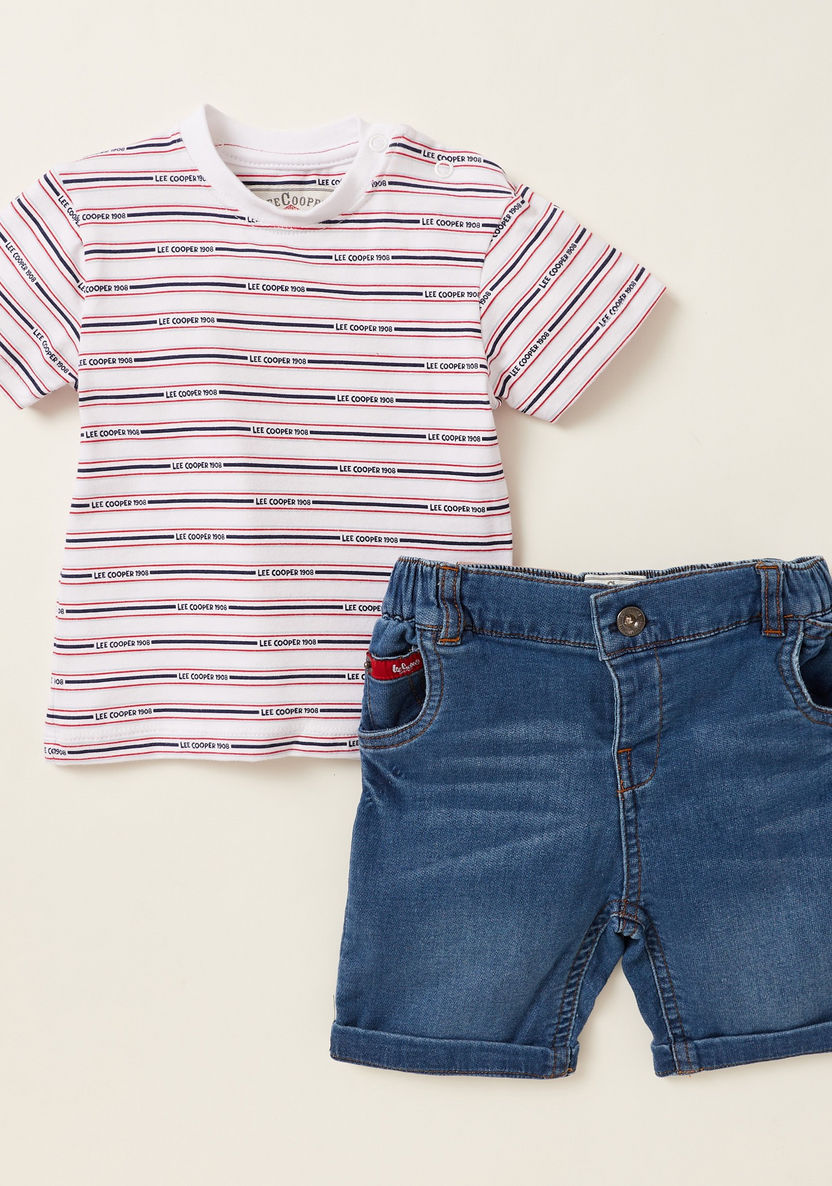Lee Cooper Striped T-shirt with Solid Denim Shorts-Clothes Sets-image-0