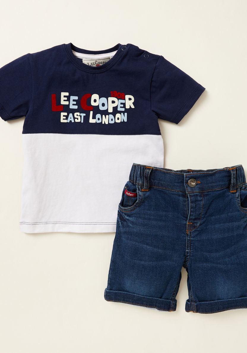 Lee Cooper Graphic Print T-shirt with Solid Denim Shorts Set-Clothes Sets-image-0