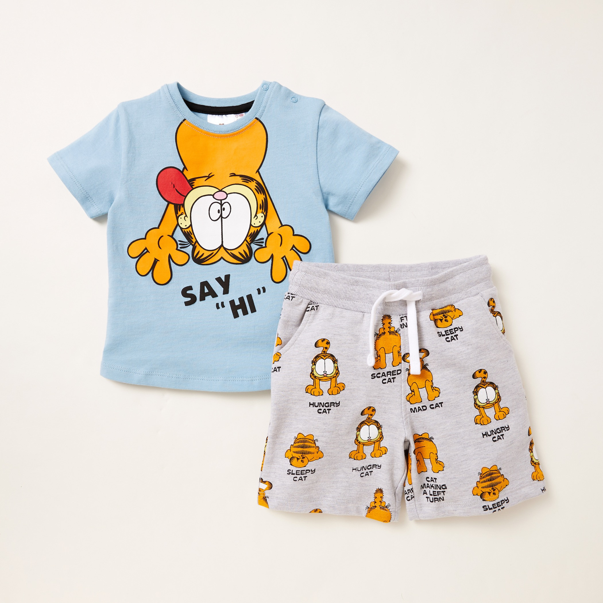 Garfield Graphic Print T-shirt with Pocket Detail Shorts-baby-boys-clothing-setsandcoords-image-1