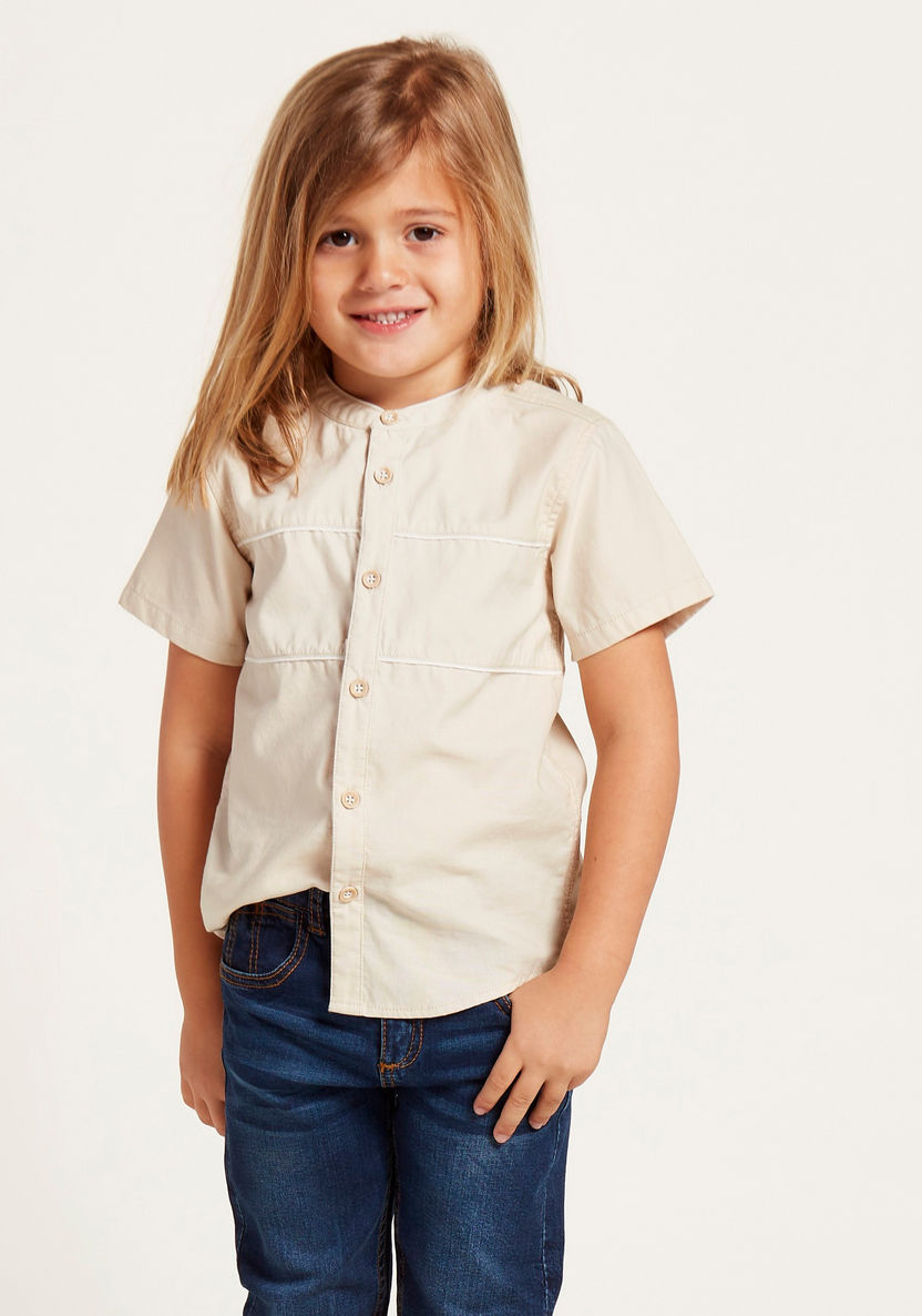 Juniors Solid Shirt with Mandarin Collar and Short Sleeves-Shirts-image-1