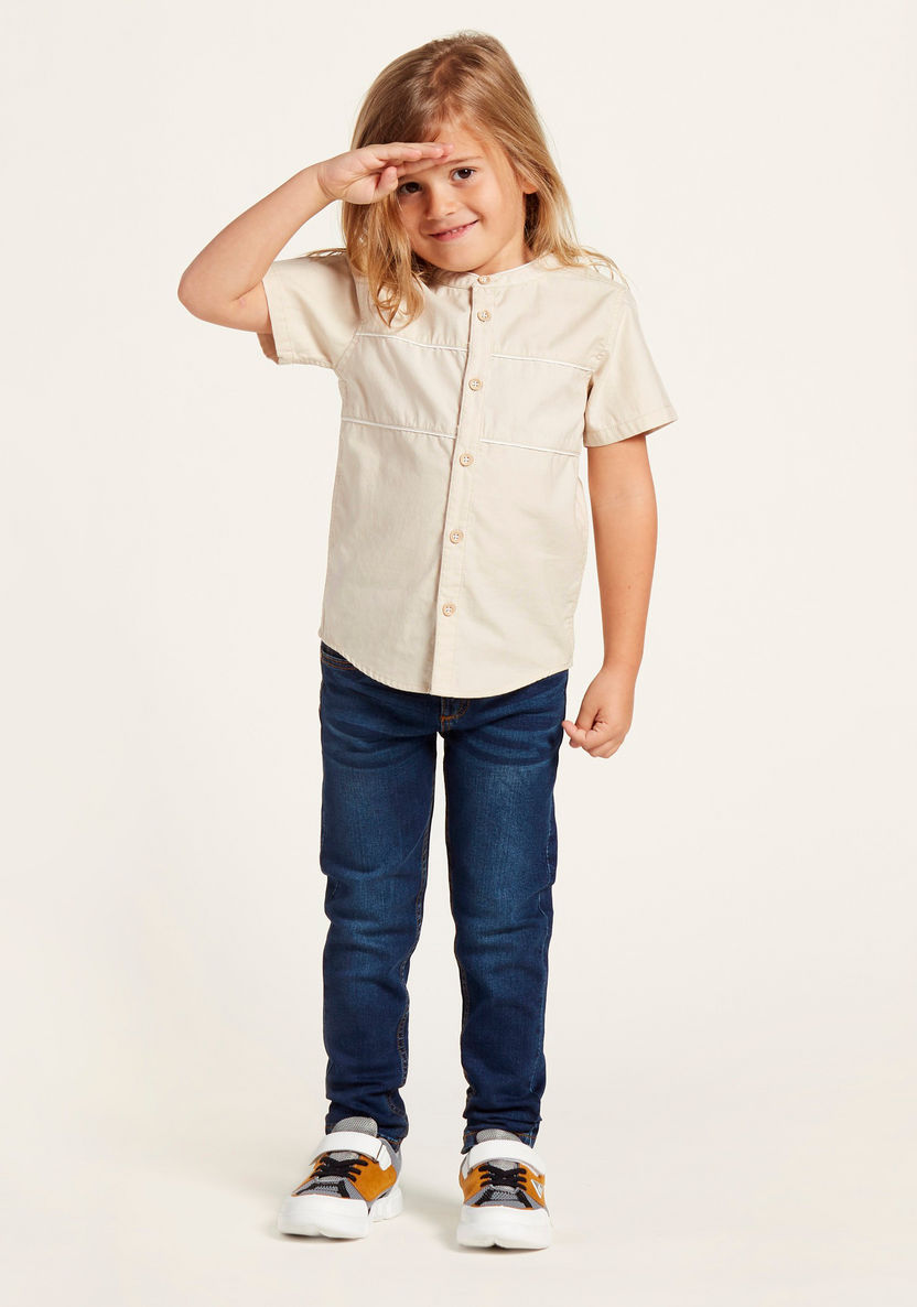 Juniors Solid Shirt with Mandarin Collar and Short Sleeves-Shirts-image-3