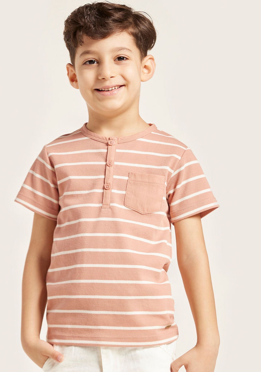 Eligo Striped T-shirt with Henley Neck and Short Sleeves-T Shirts-image-1