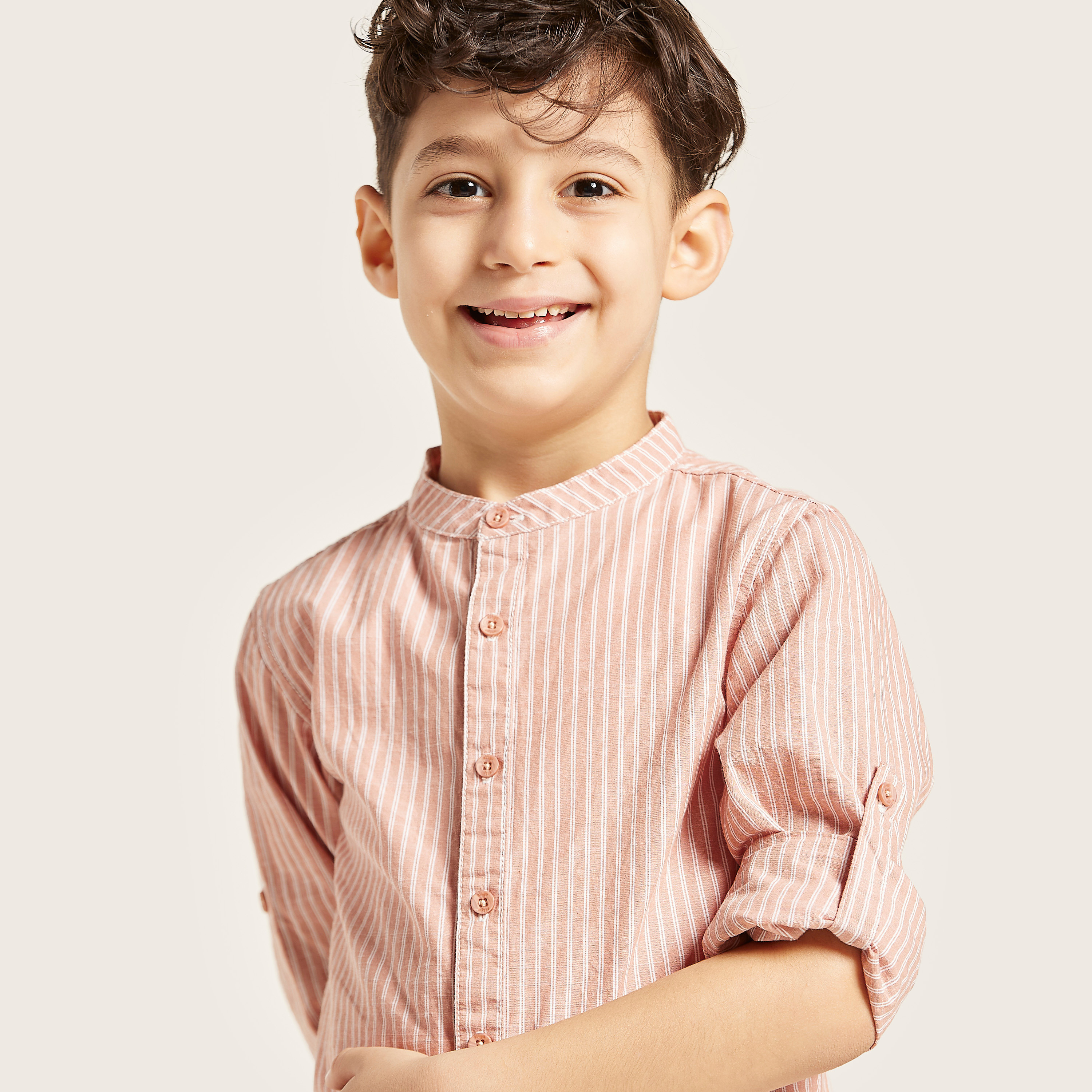 قميص مخطط بياقة ماندارين وأكمام طويلة من إليجو-boys-clothing-shirts-image-2
