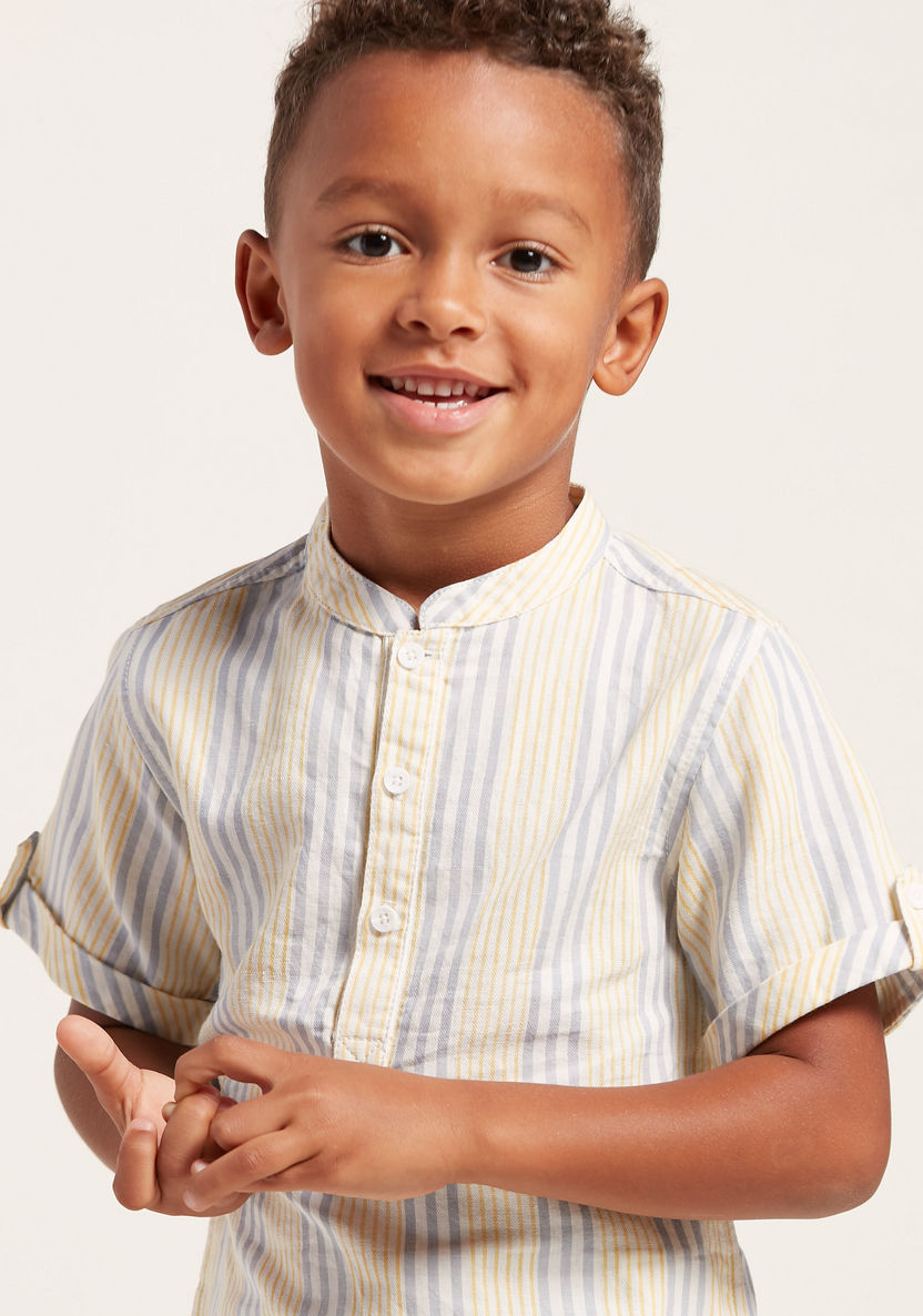 Eligo Striped Shirt with Mandarin Collar and Short Sleeves-Shirts-image-1