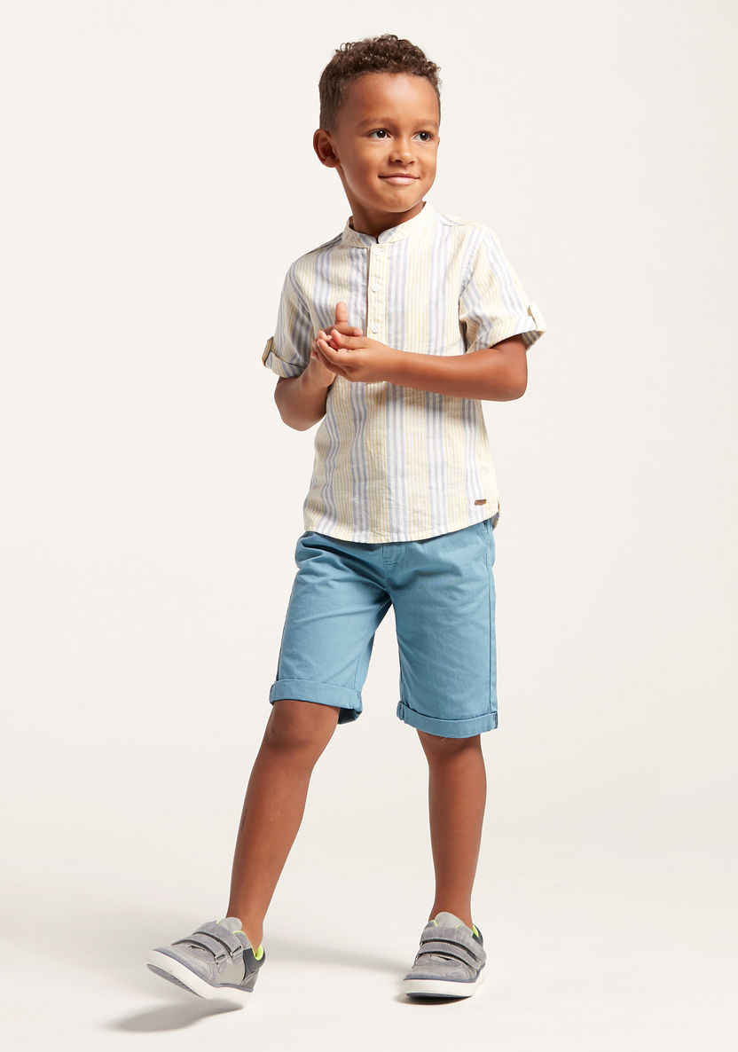 Eligo Striped Shirt with Mandarin Collar and Short Sleeves-Shirts-image-2
