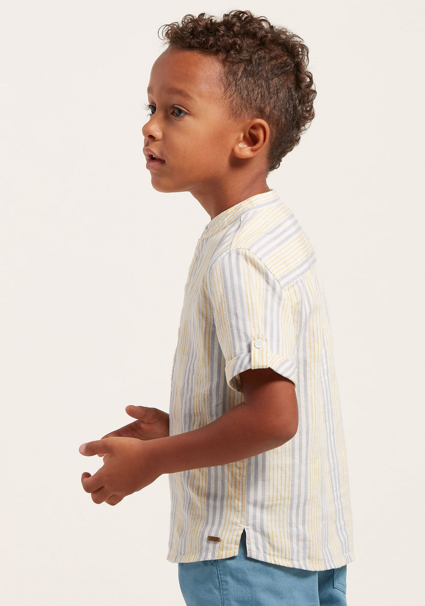 Eligo Striped Shirt with Mandarin Collar and Short Sleeves-Shirts-image-3