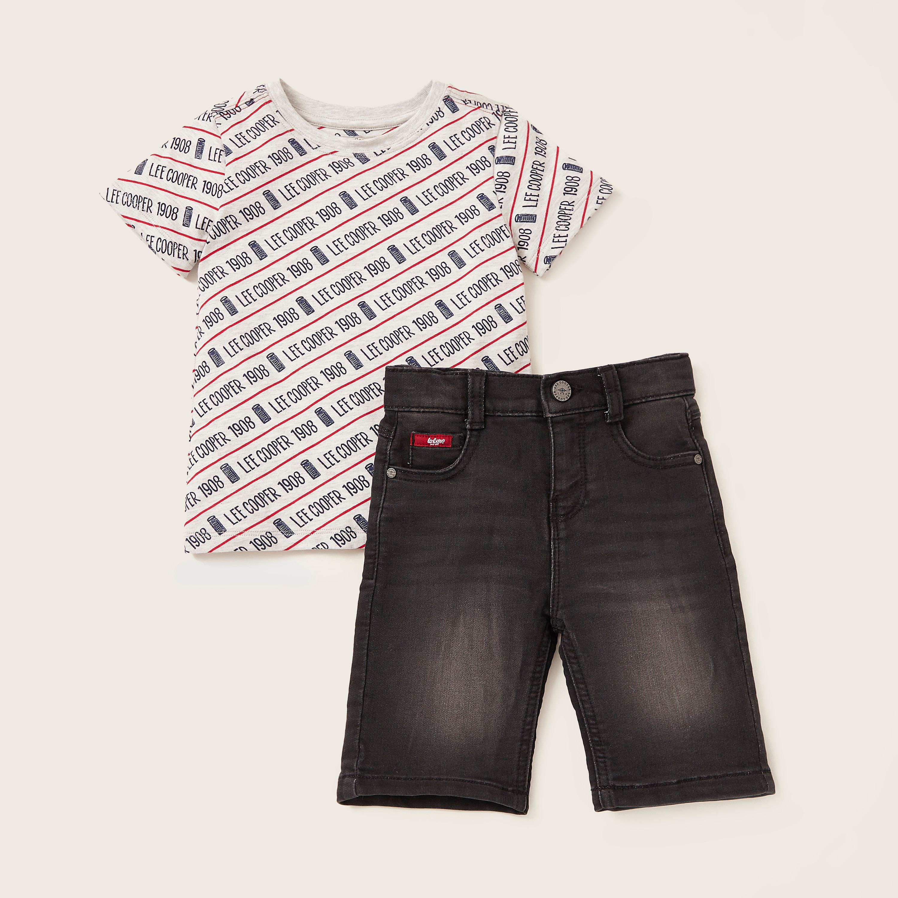 Lee Cooper All-Over Print T-shirt with Textured Denim Shorts-boys-clothing-setsandcoords-image-1