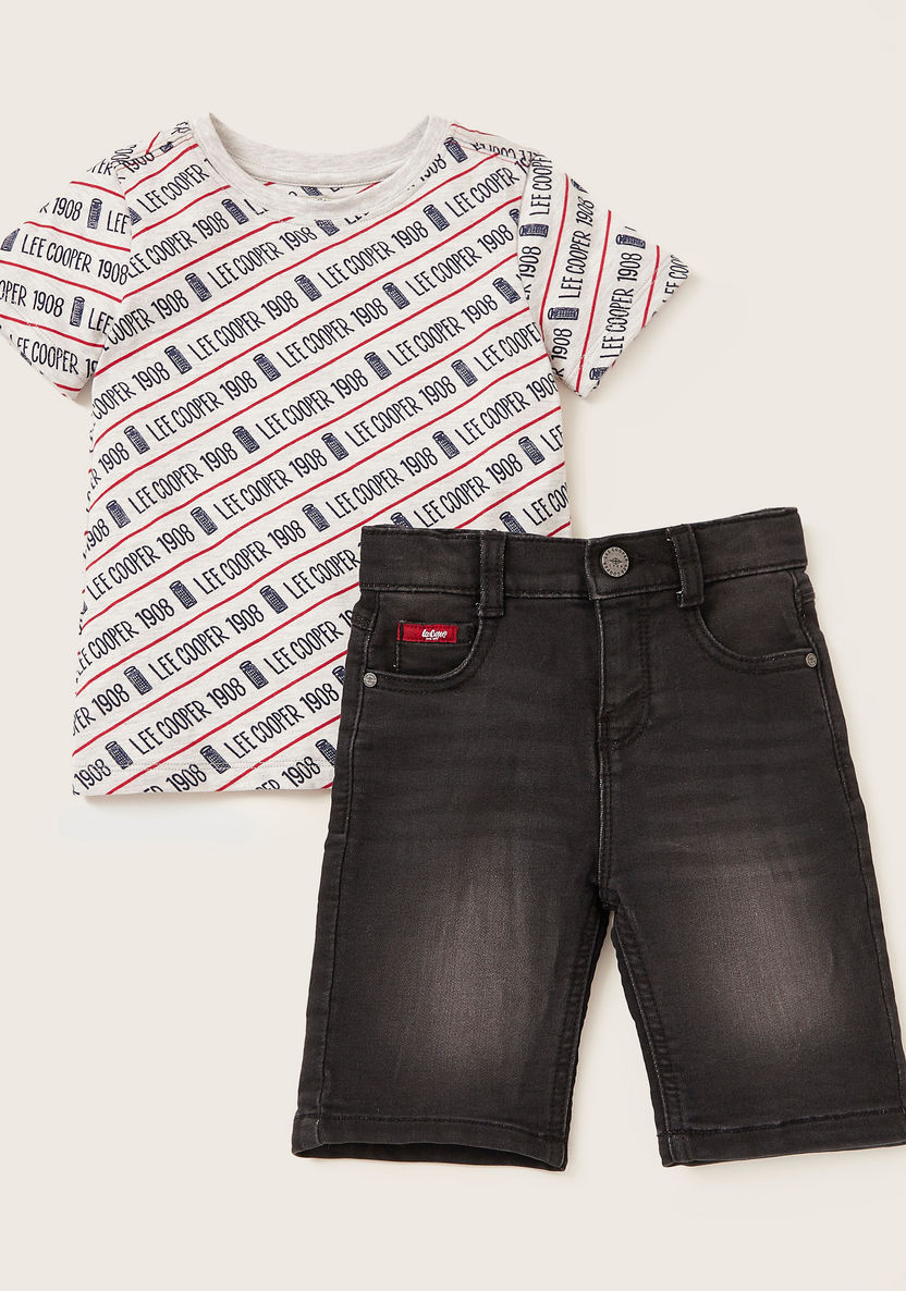 Lee Cooper All-Over Print T-shirt with Textured Denim Shorts-Clothes Sets-image-0
