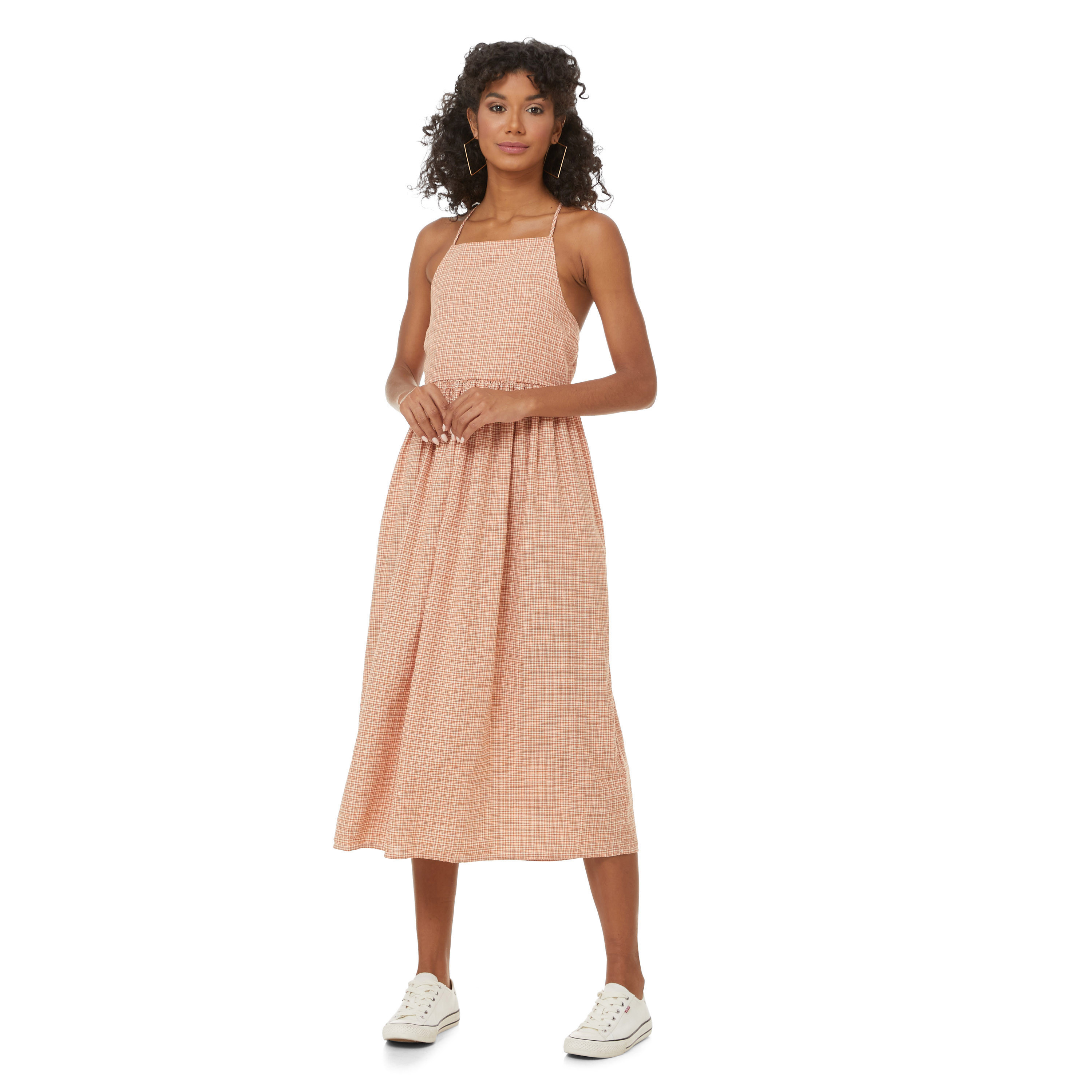 Levi's Women Beige Checked Shoulder Strap Midi Dress with Back Tie Up-women-clothing-dresses-image-1