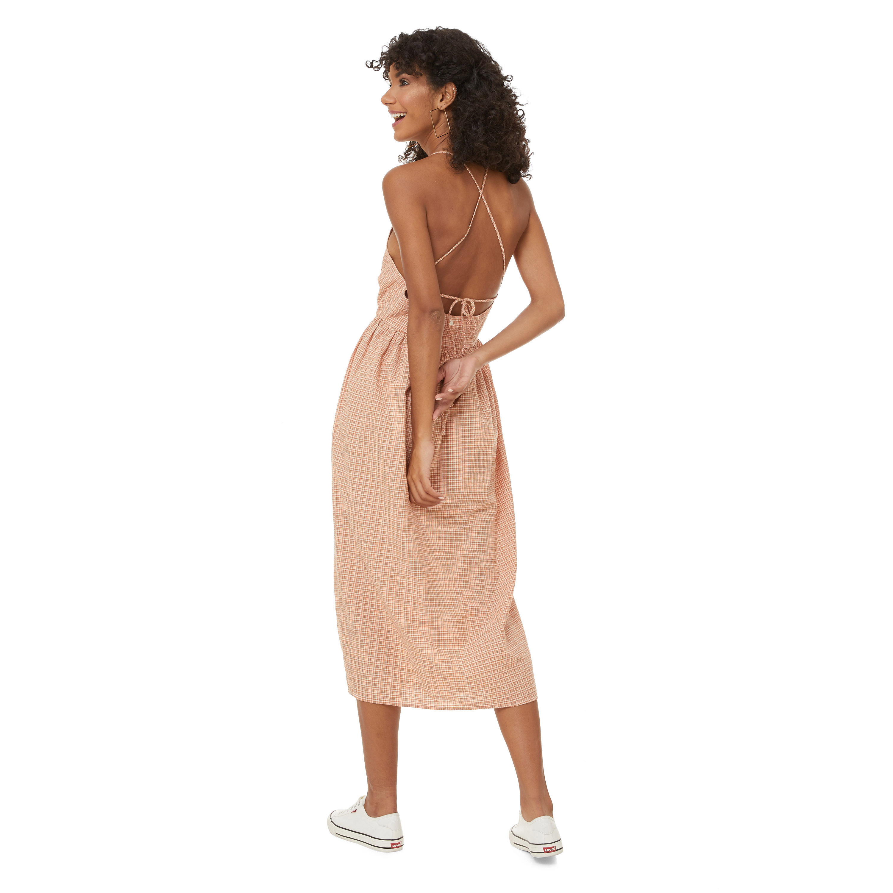 Levi's Women Beige Checked Shoulder Strap Midi Dress with Back Tie Up-women-clothing-dresses-image-2